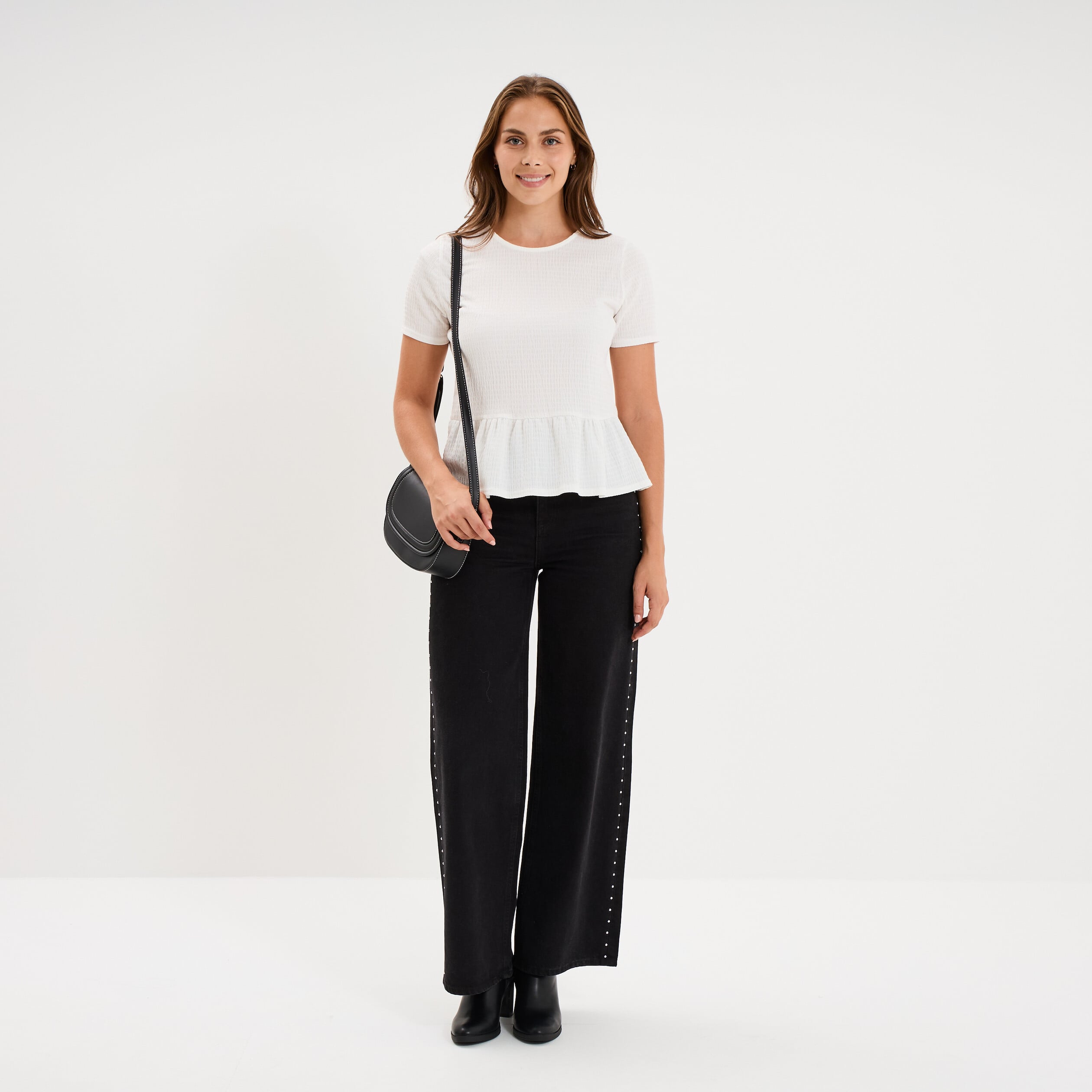 T-shirt gaufr&eacute; taille &agrave; volants blanc femme