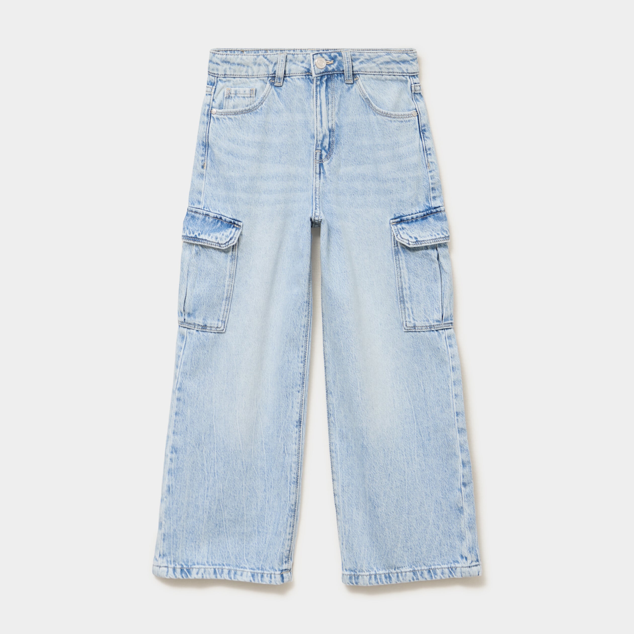 Jean large cargo poches &agrave; rabat coton denim triple stone fille