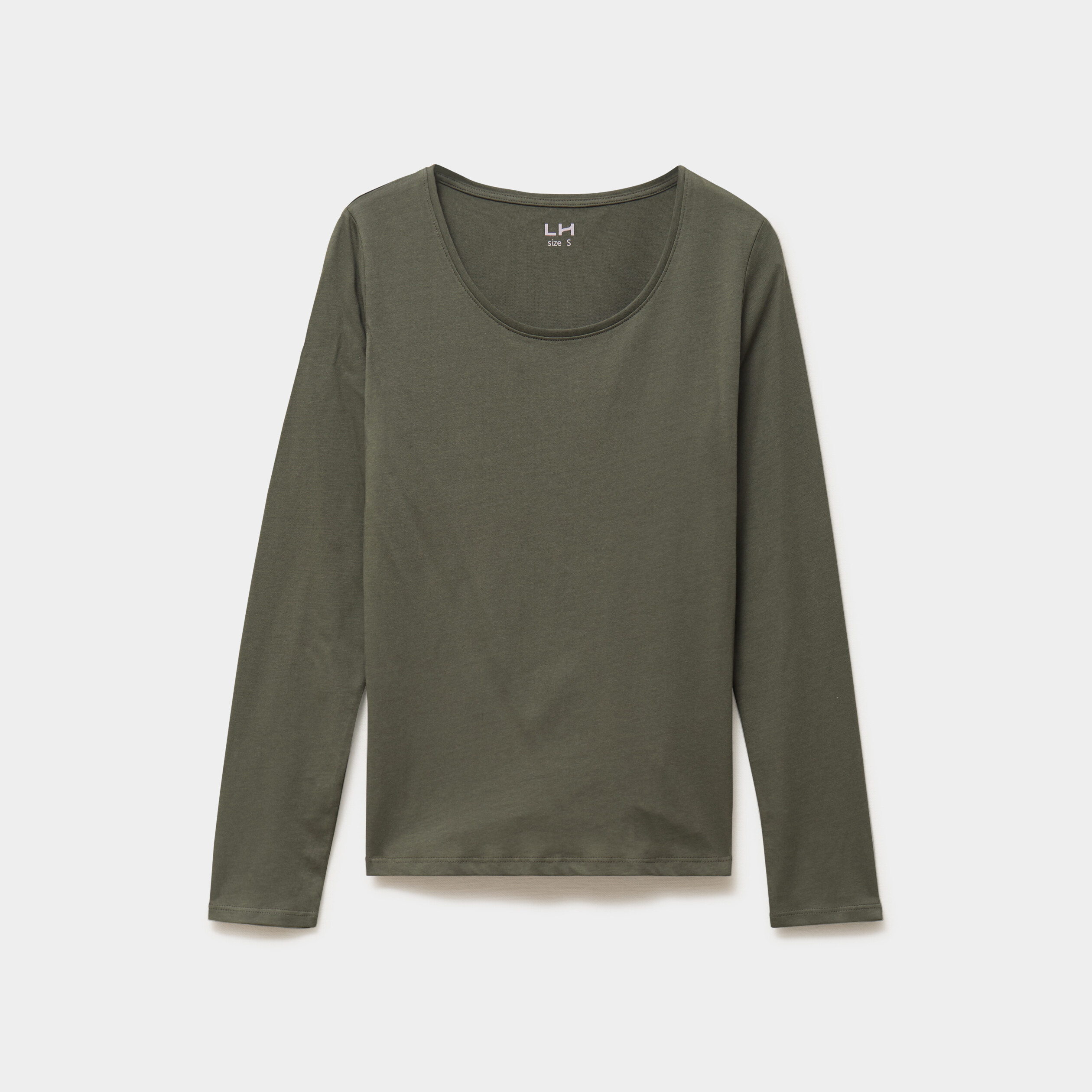 T-shirt coton col rond manches longues vert kaki femme