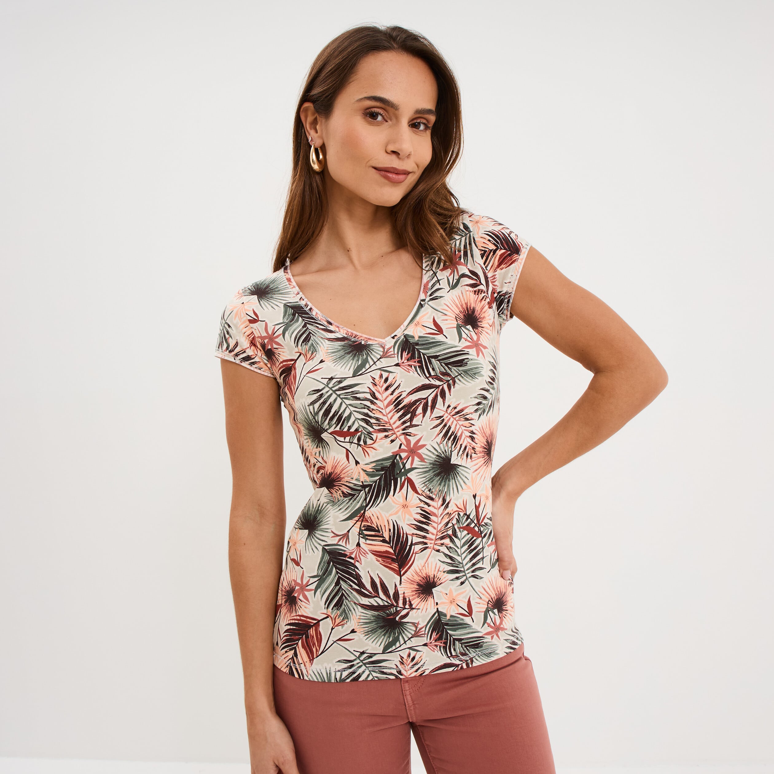 T-shirt col V droit manches courtes vert kaki femme