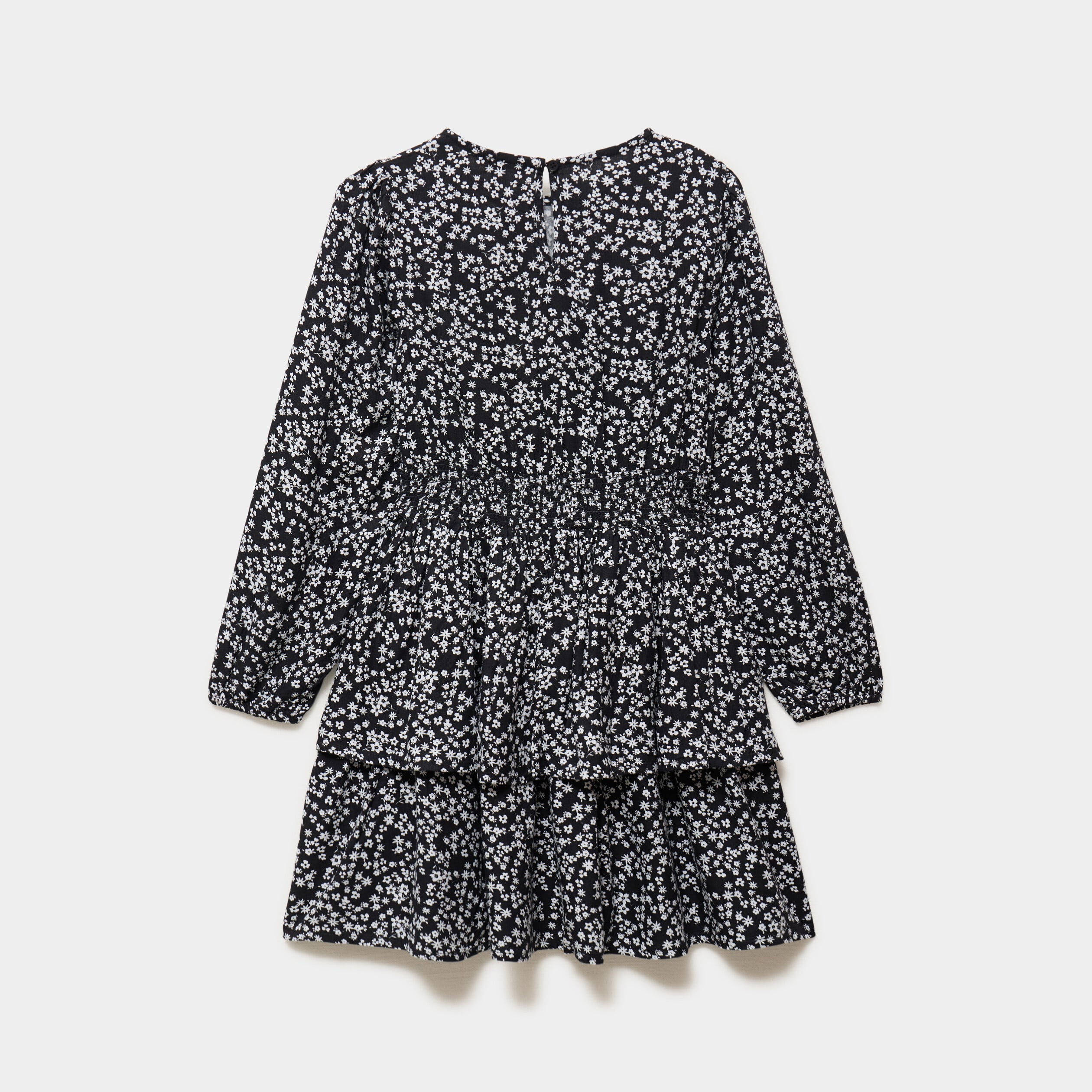 Robe courte patineuse &agrave; volants smock&eacute;e noir fille