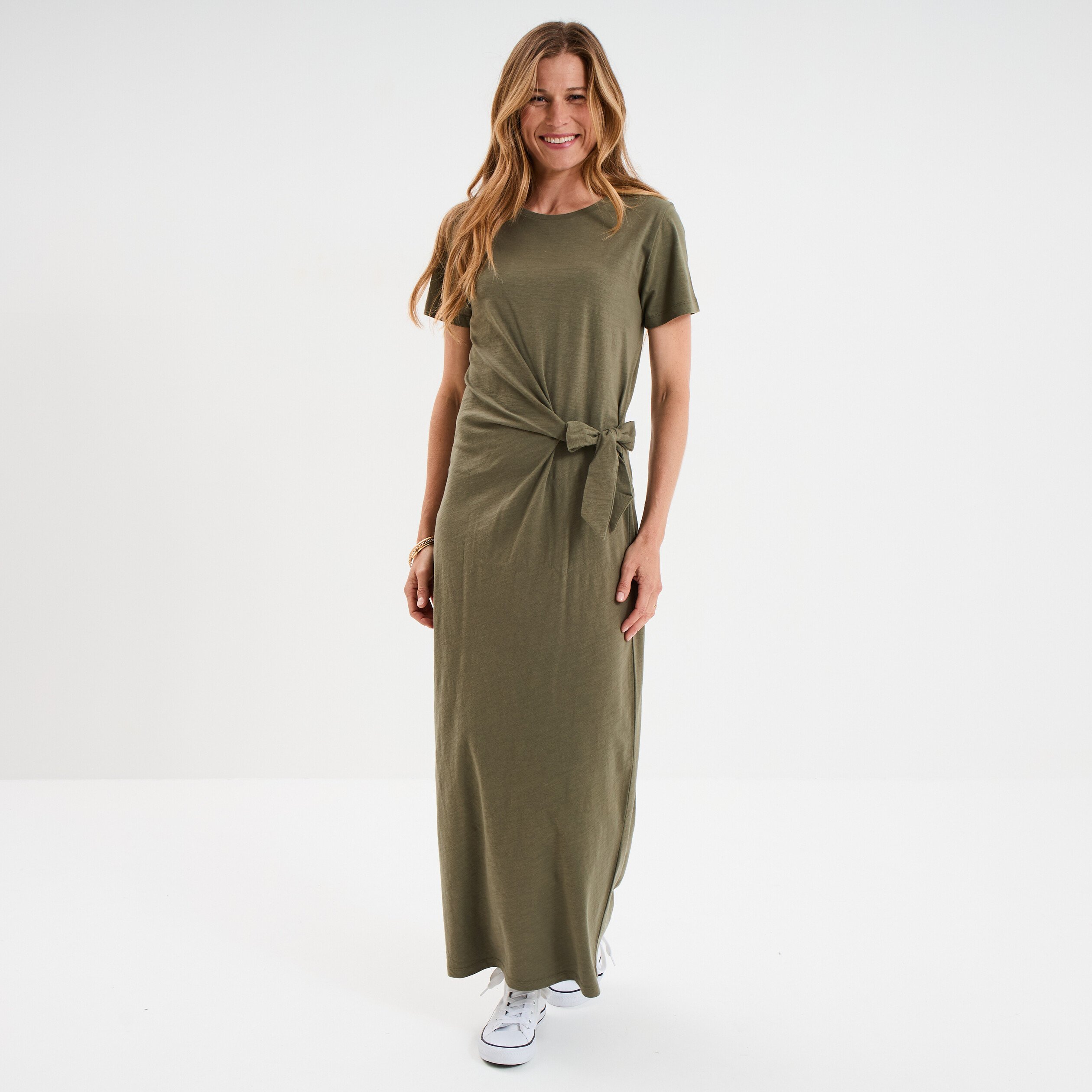 robe midi taille effet noue coton vert kaki femme Robe midi taille effet noué coton vert kaki femme
