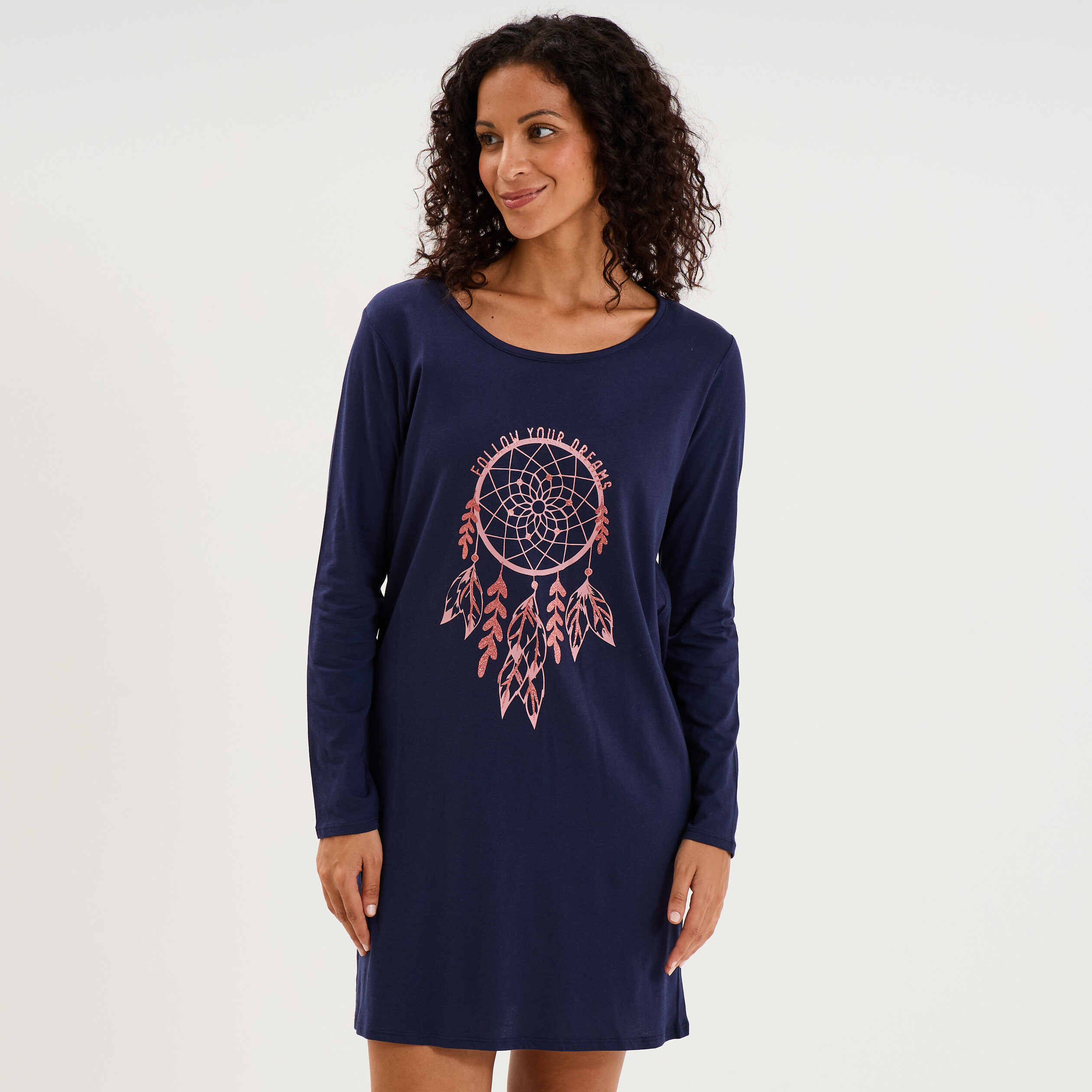 Chemise de nuit manches longues coton bleu marine femme
