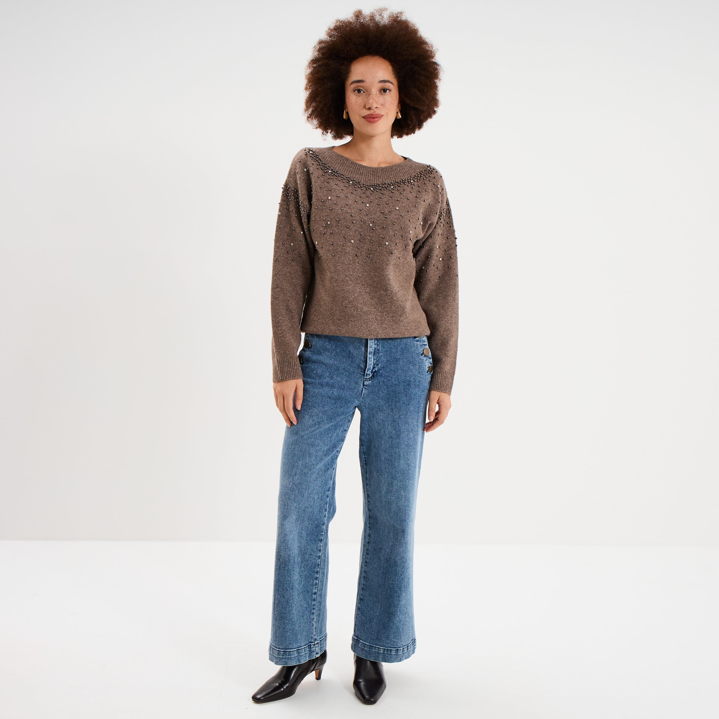 Pull perles et strass manches longues taupe femme
