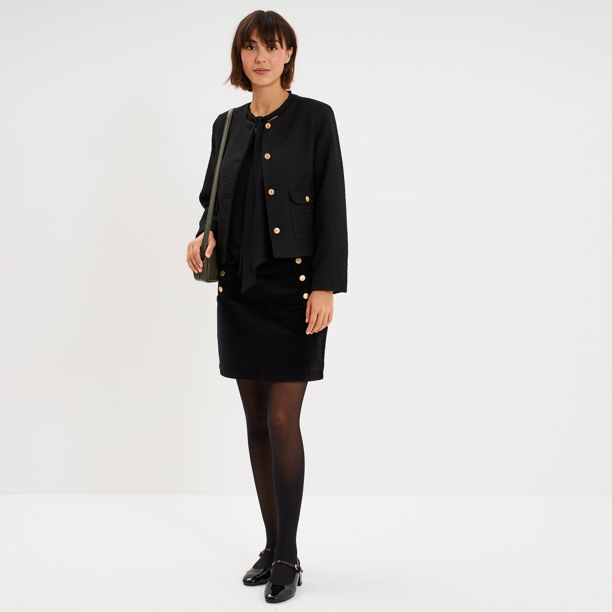 Veste droite boutonn&eacute;e tweed&eacute;&eacute; noir femme