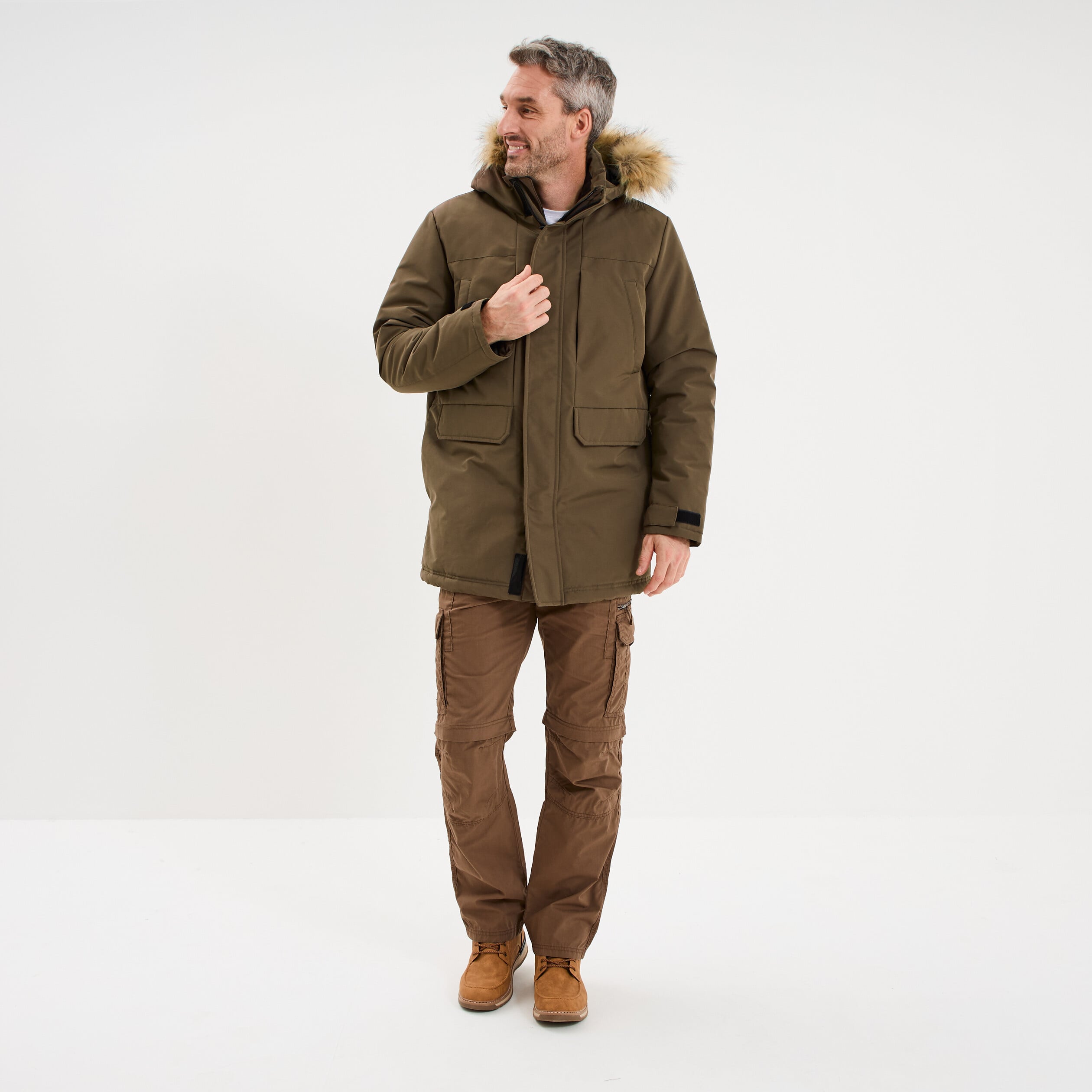 Parka &agrave; capuche fausse fourrure vert kaki homme