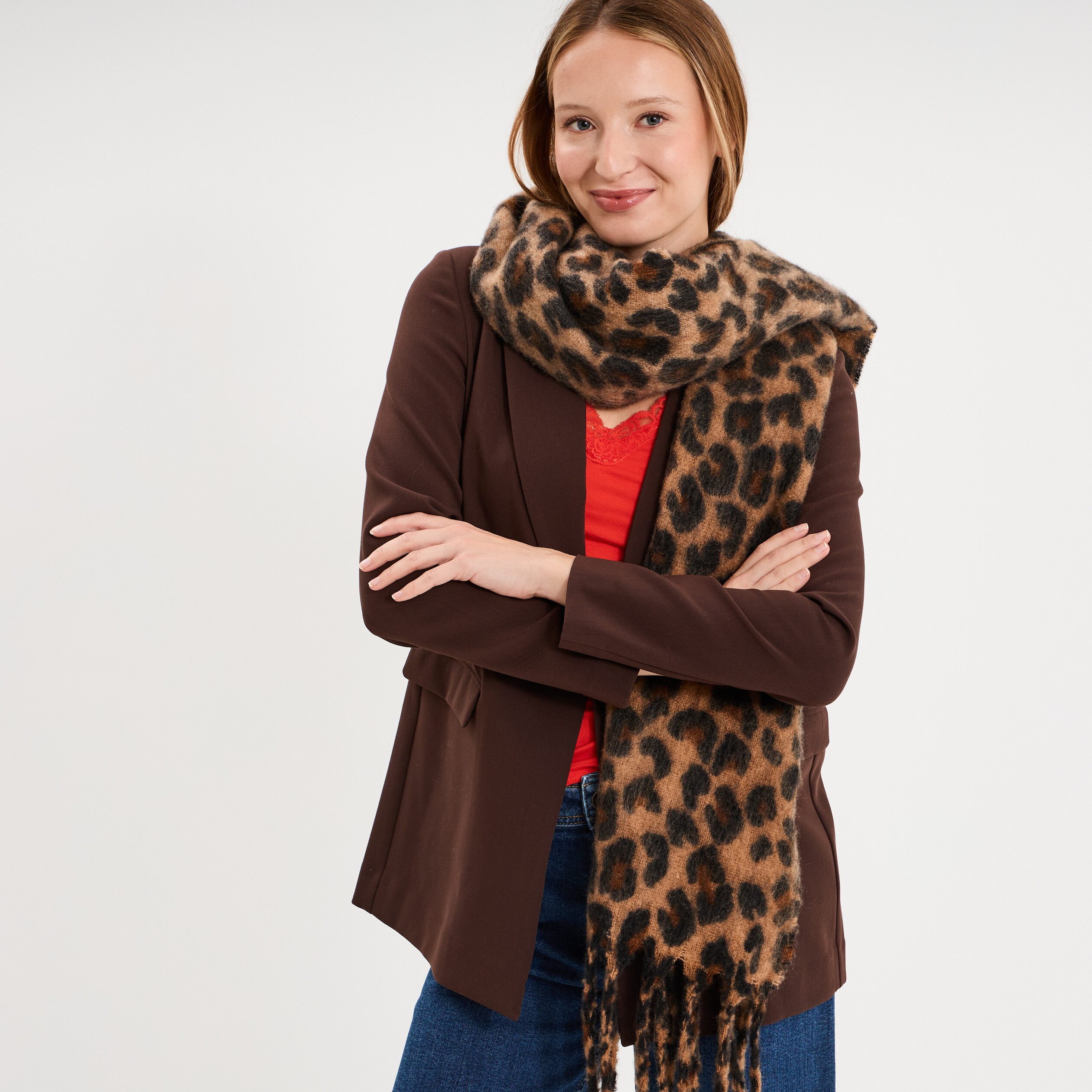 &Eacute;charpe &agrave; franges marron femme