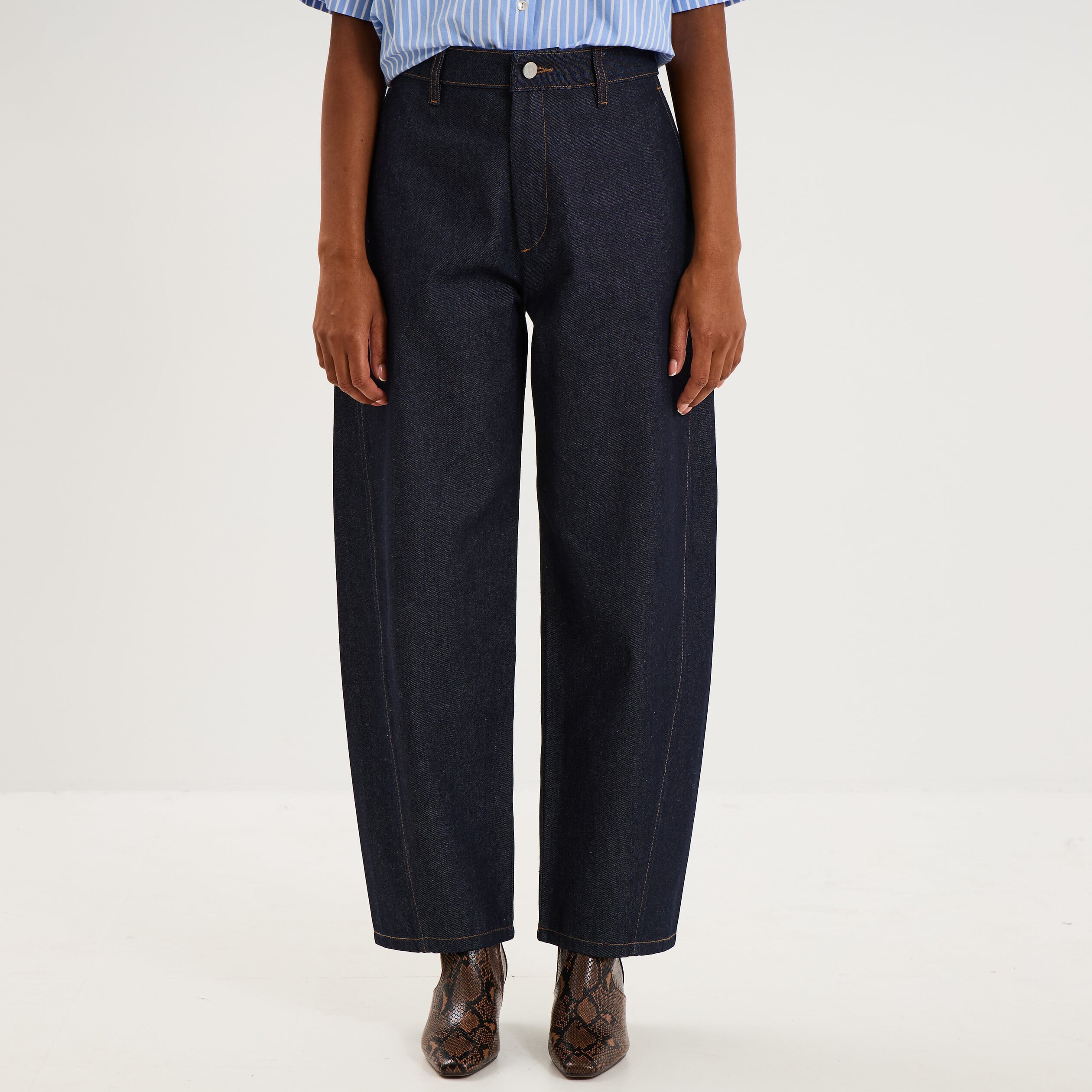 Jean barrel taille haute denim brut femme