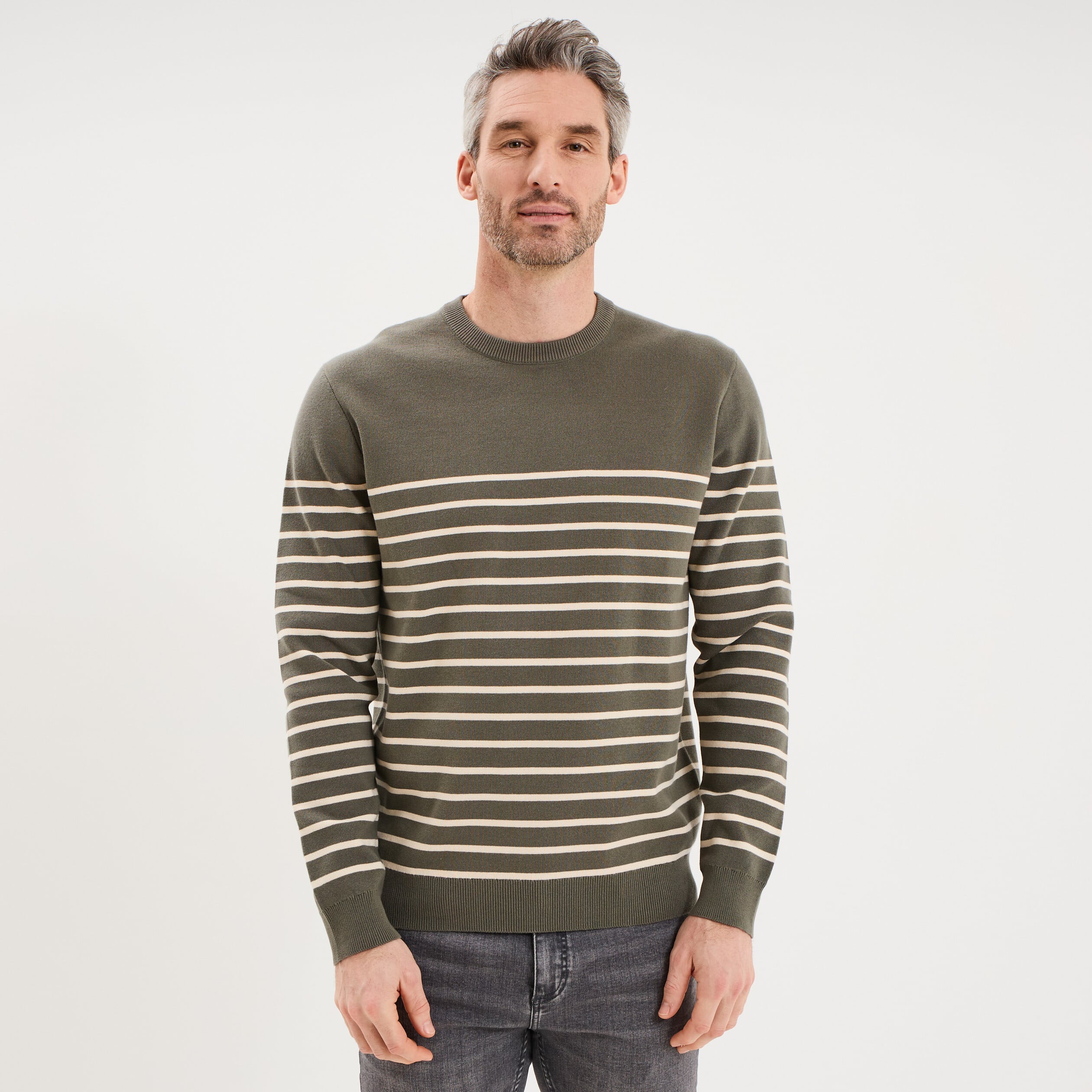 Pull col rond manches longues vert kaki homme