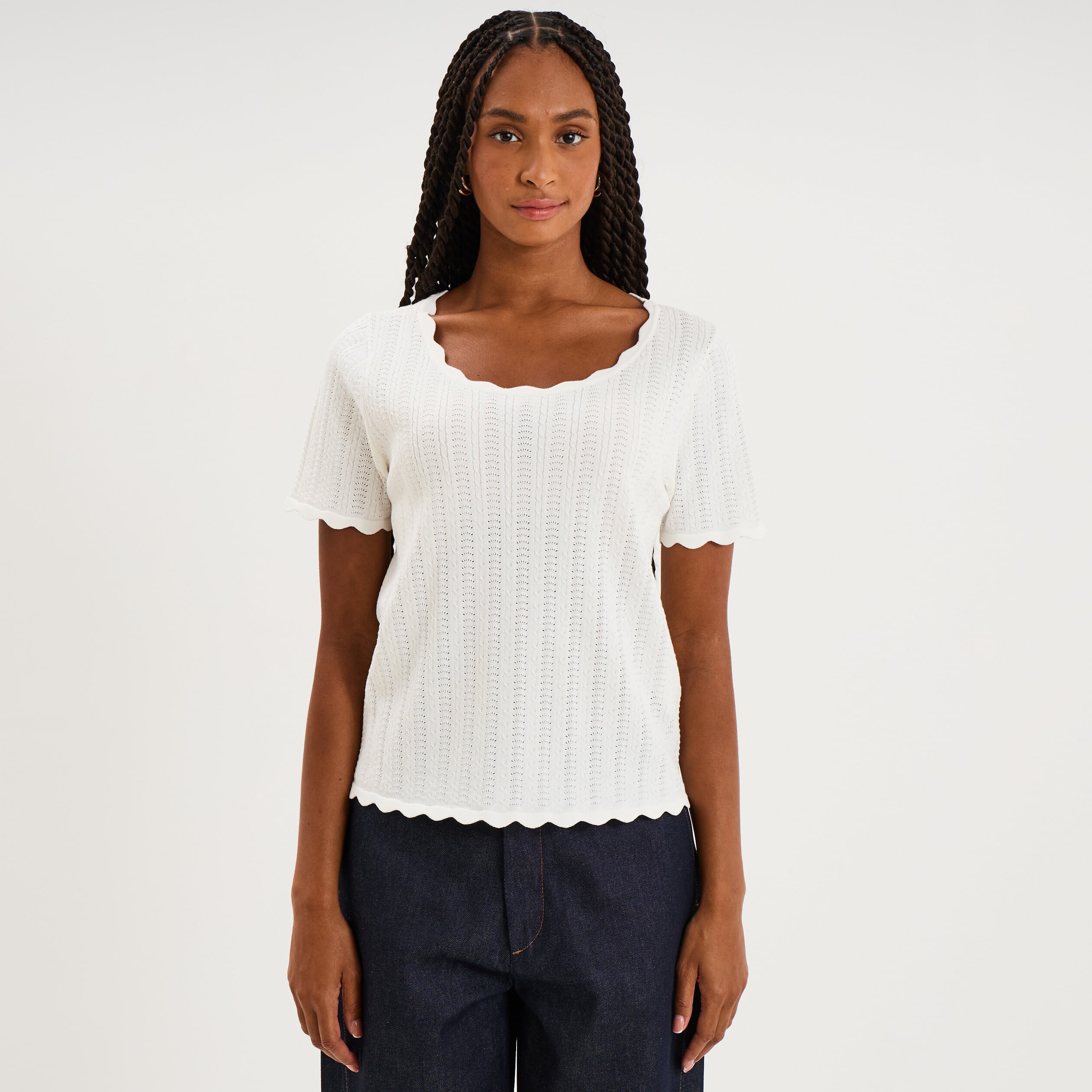 Pull col rond textur&eacute; manches courtes blanc femme