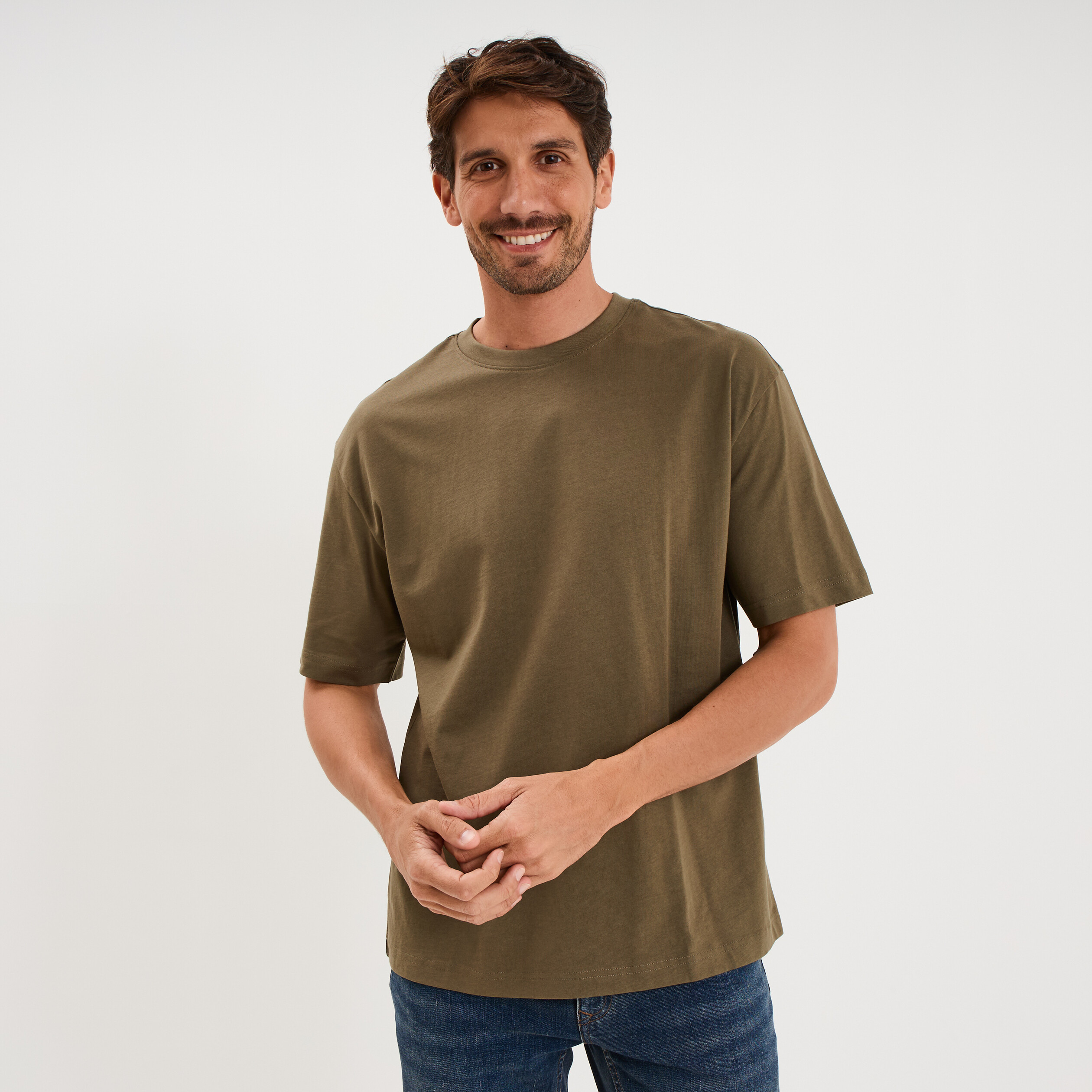 T-shirt col rond coupe relax coton &eacute;pais vert kaki homme