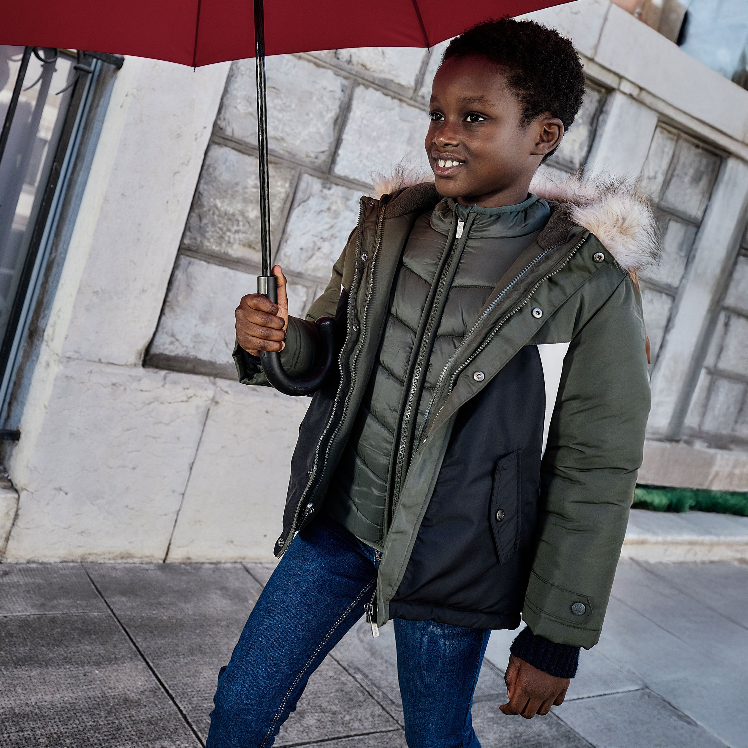 Parka 3-en-1 &agrave; capuche fausse fourrure vert kaki gar&ccedil;on