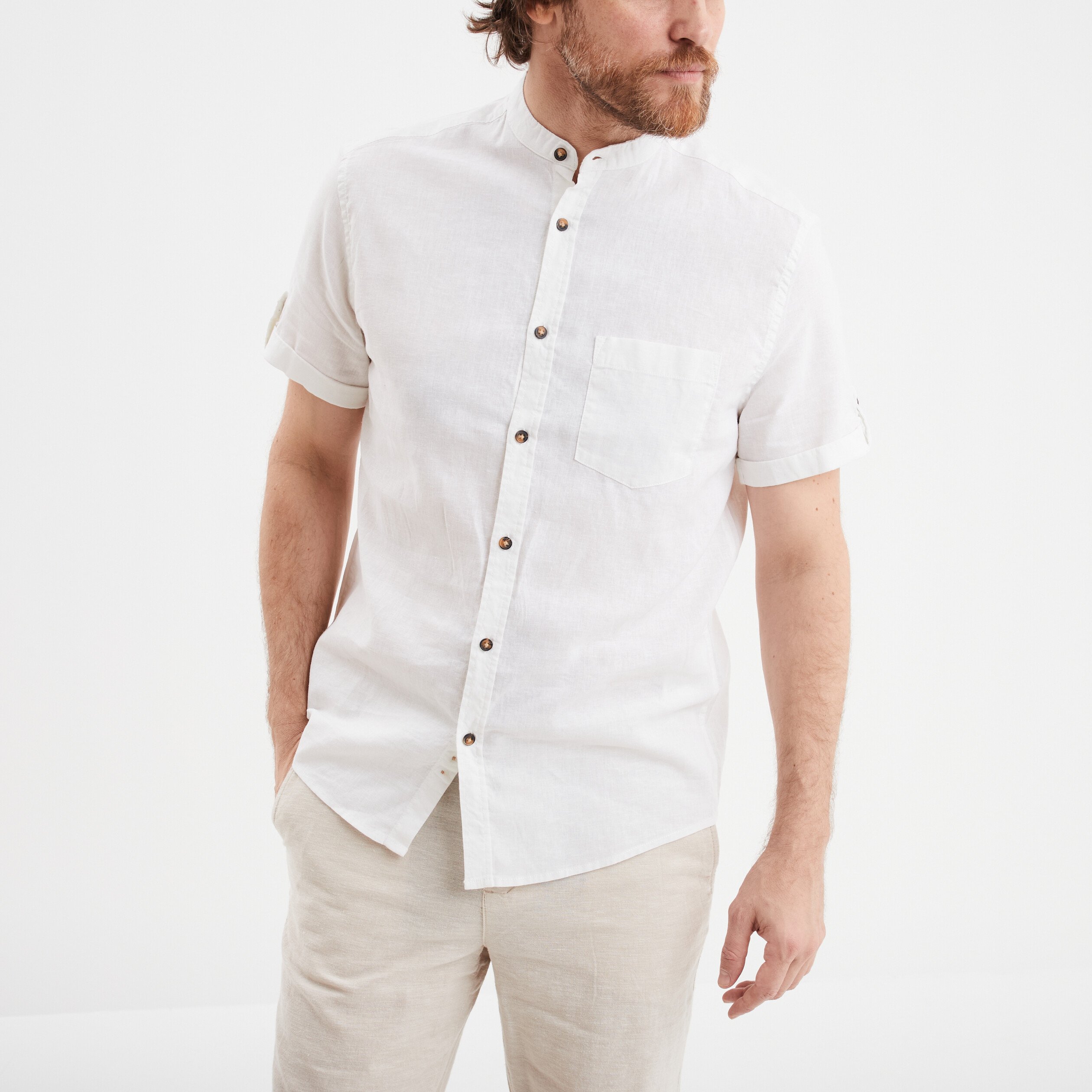 Chemise col mao lin mélangé blanc homme