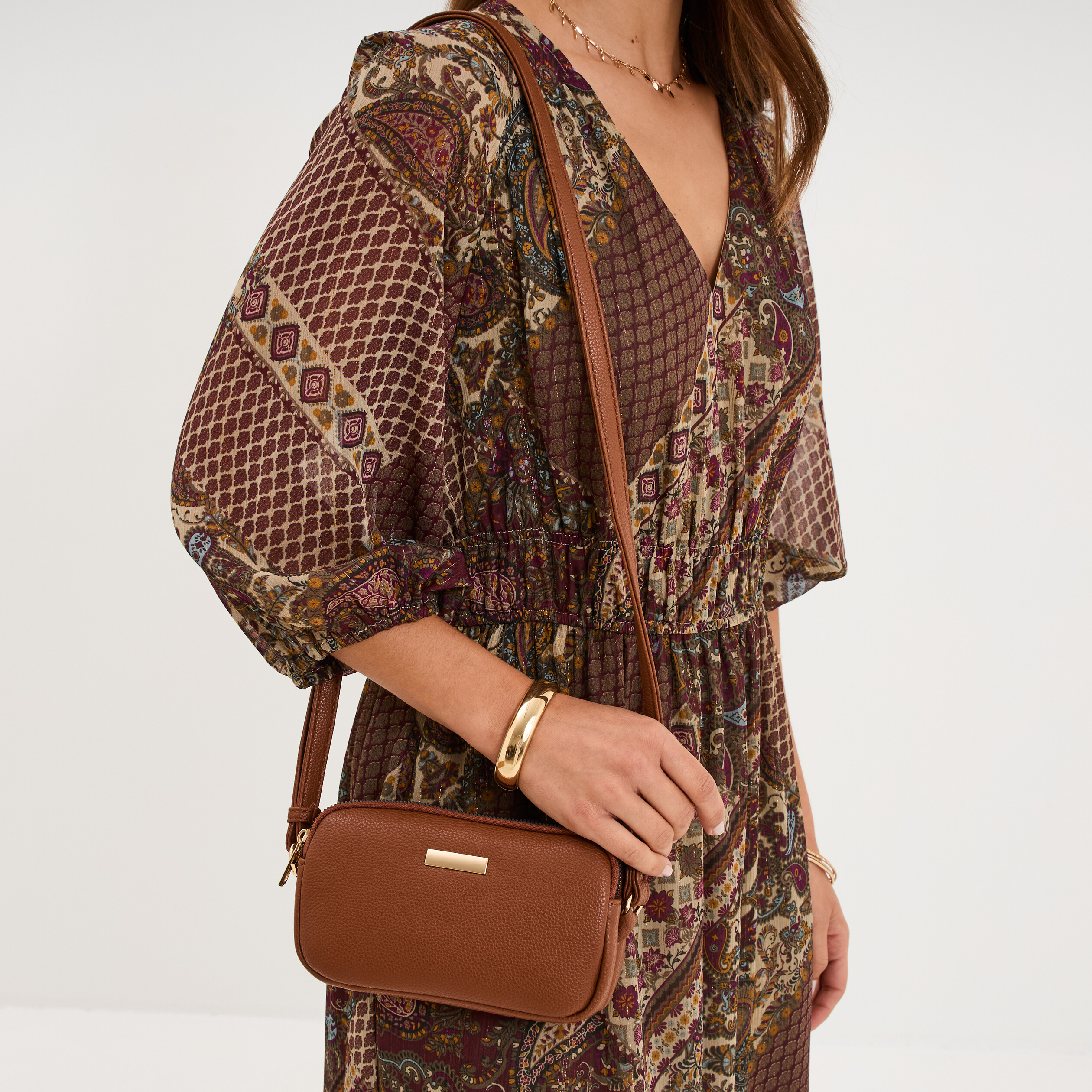 Sac bandouli&egrave;re 2 compartiments camel femme