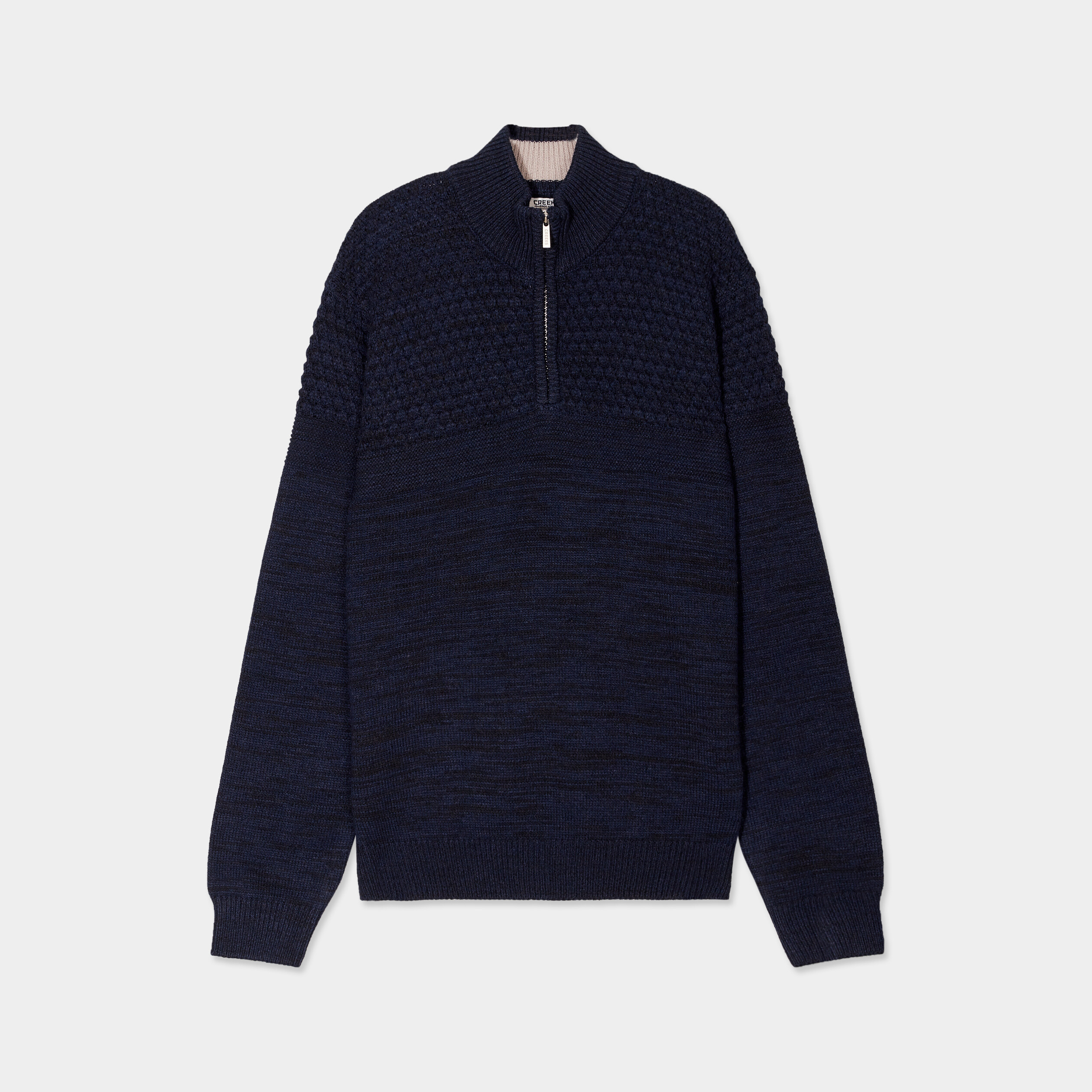Pull col camionneur zipp&eacute; bleu fonc&eacute; homme