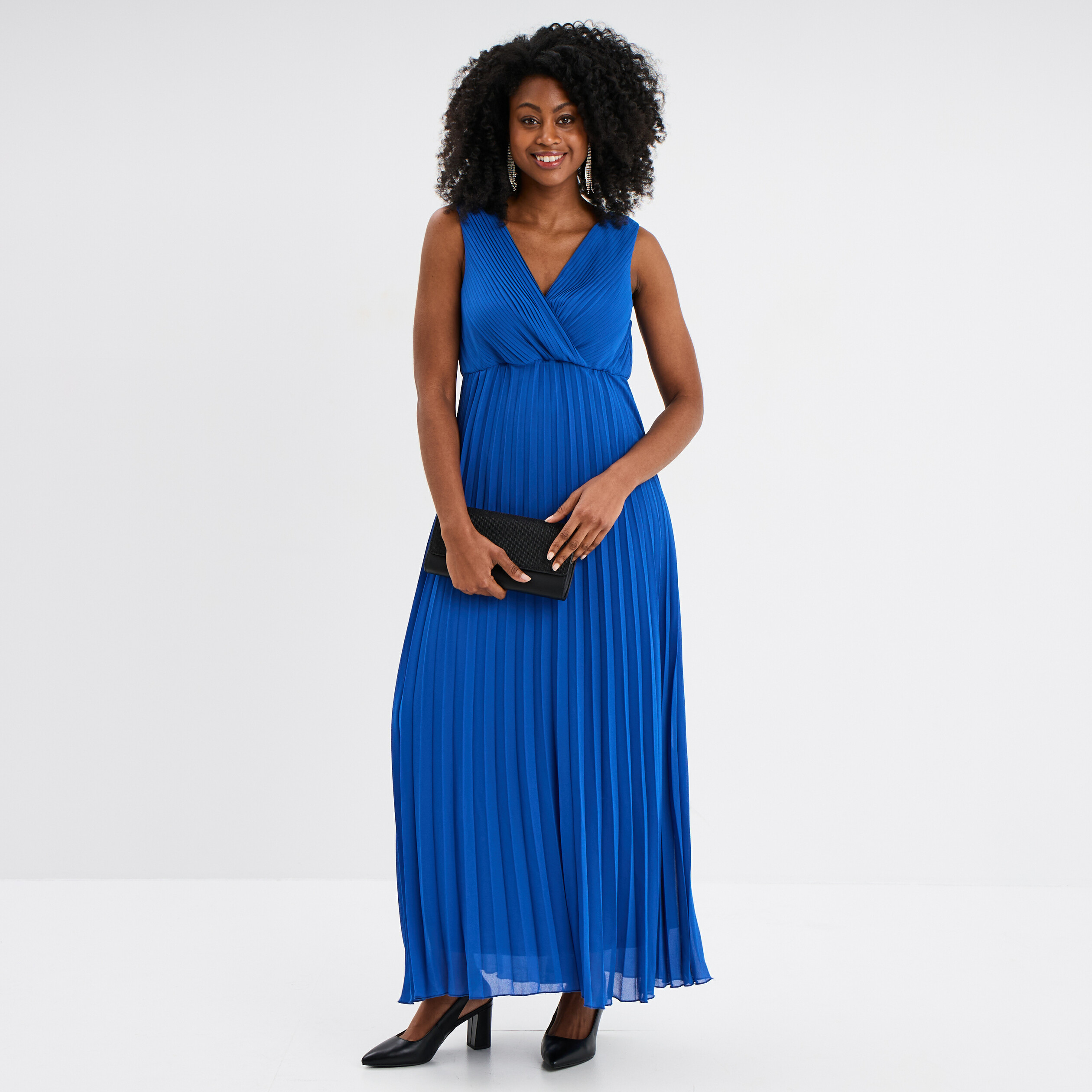 robe longue plissee sans manches col v bleu roi femme Robe longue plissée sans manches col V bleu roi femme