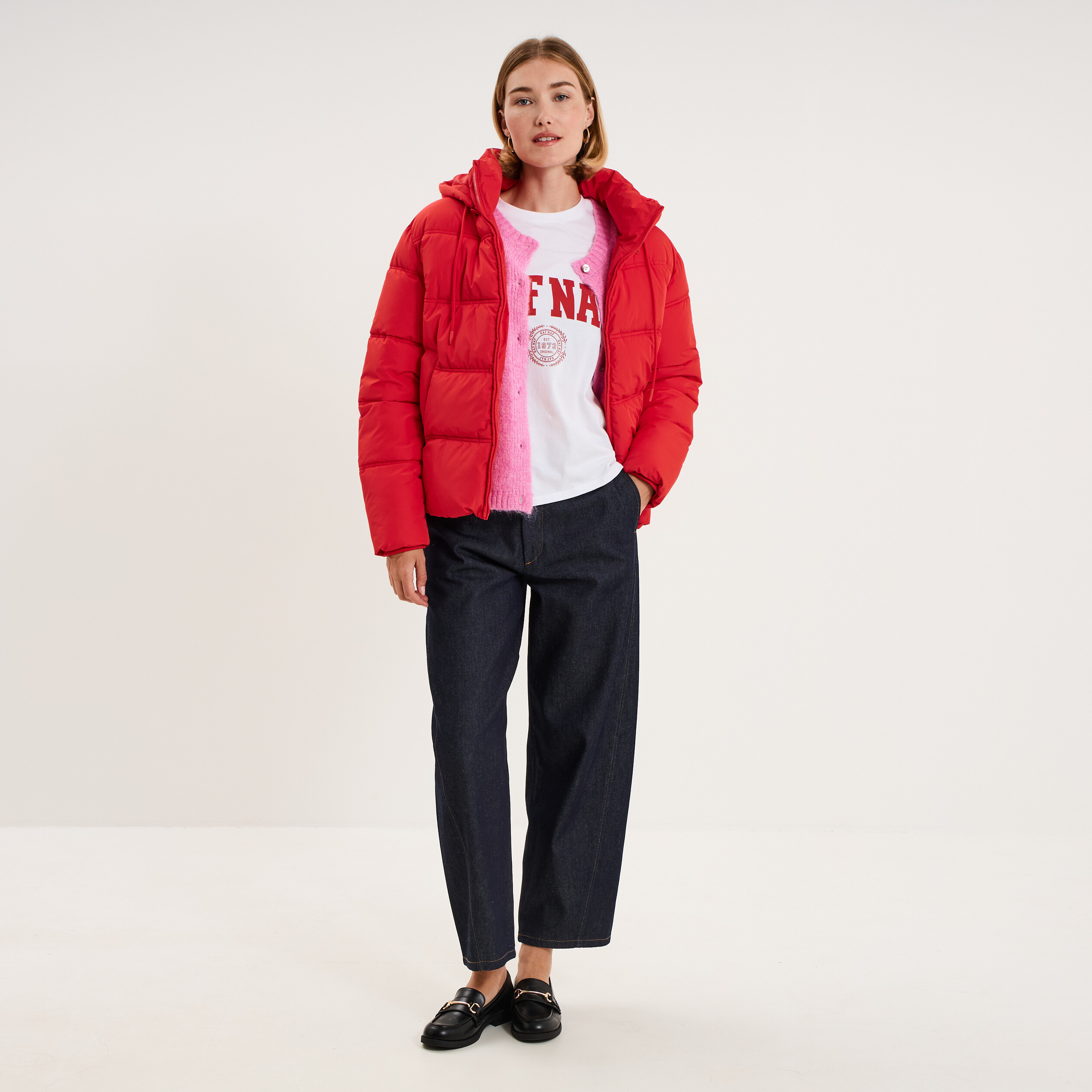 Doudoune &agrave; capuche zipp&eacute;e femme rouge femme