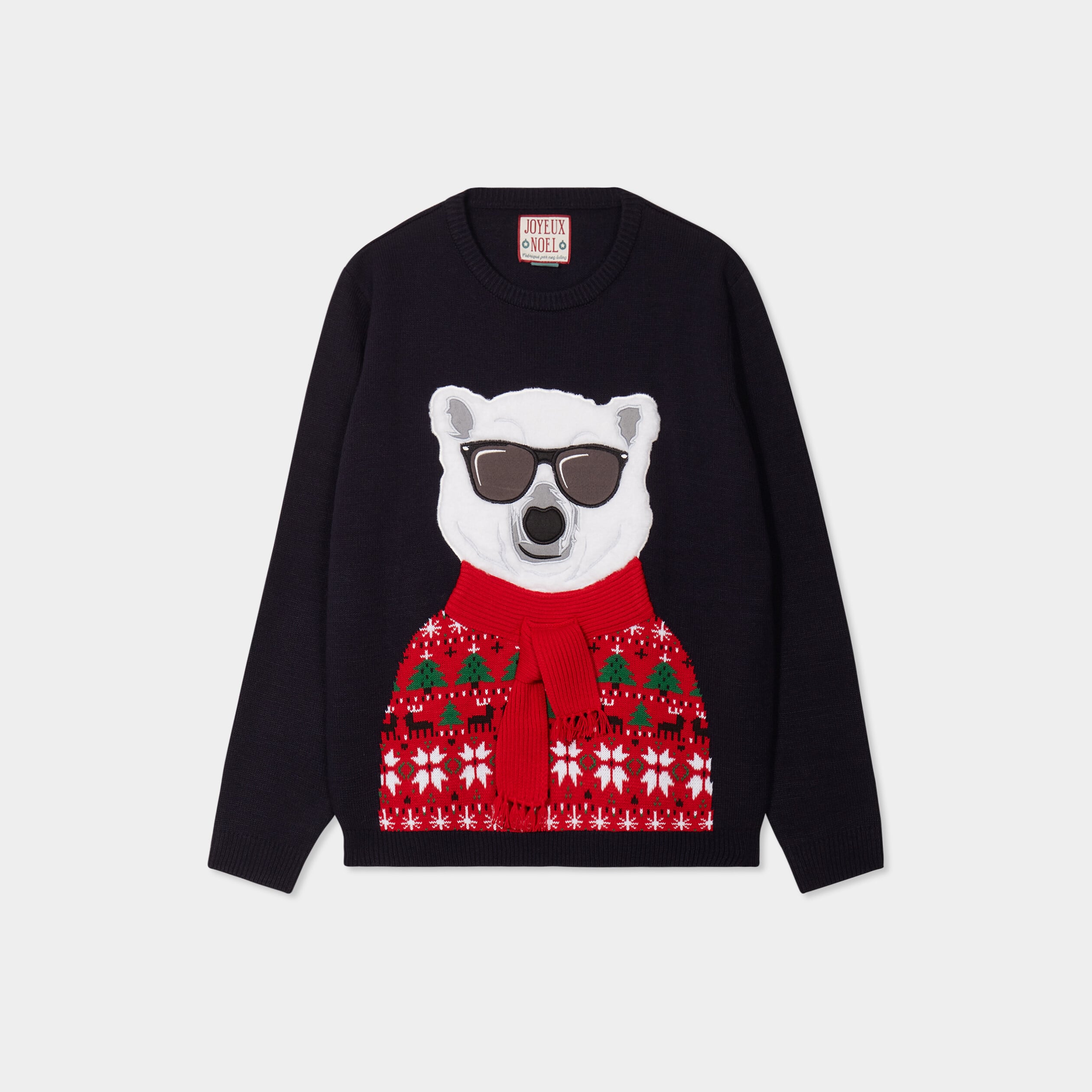 Pull No&euml;l manches longues col rond bleu fonc&eacute; homme