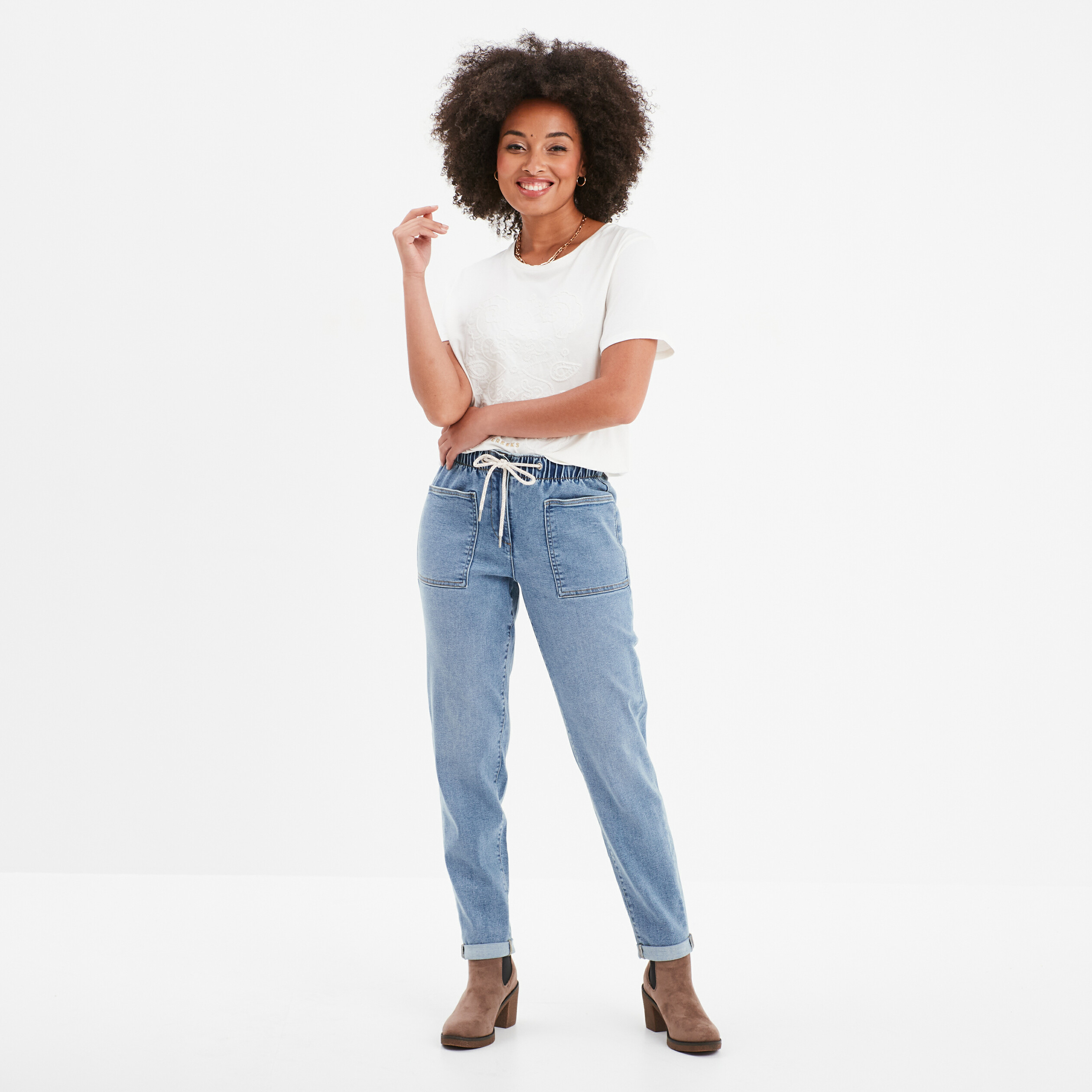 Jeans large taille elastiquee 7 8eme denim stone femme