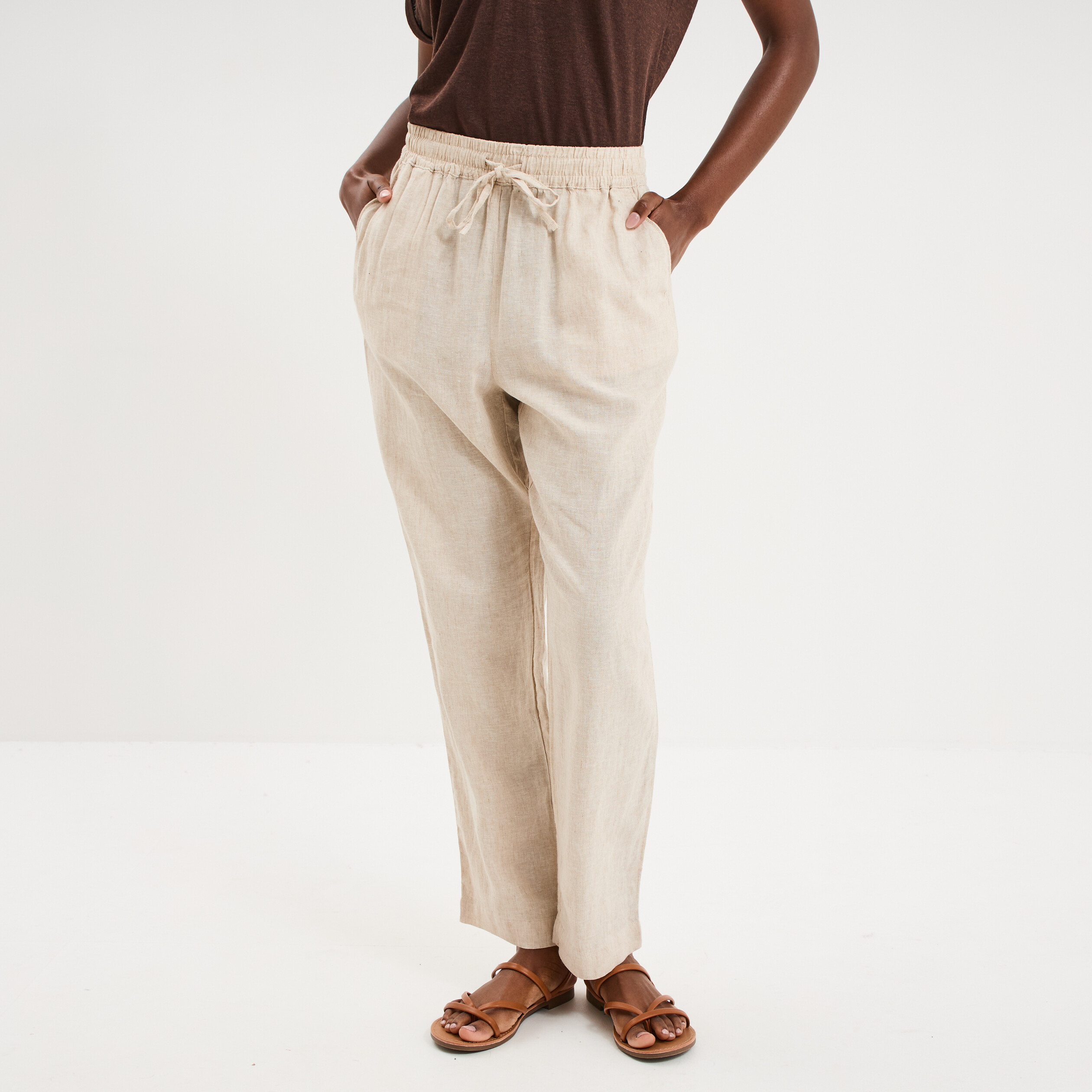 Pantalon droit 7/8&egrave;me lin m&eacute;lang&eacute; beige femme