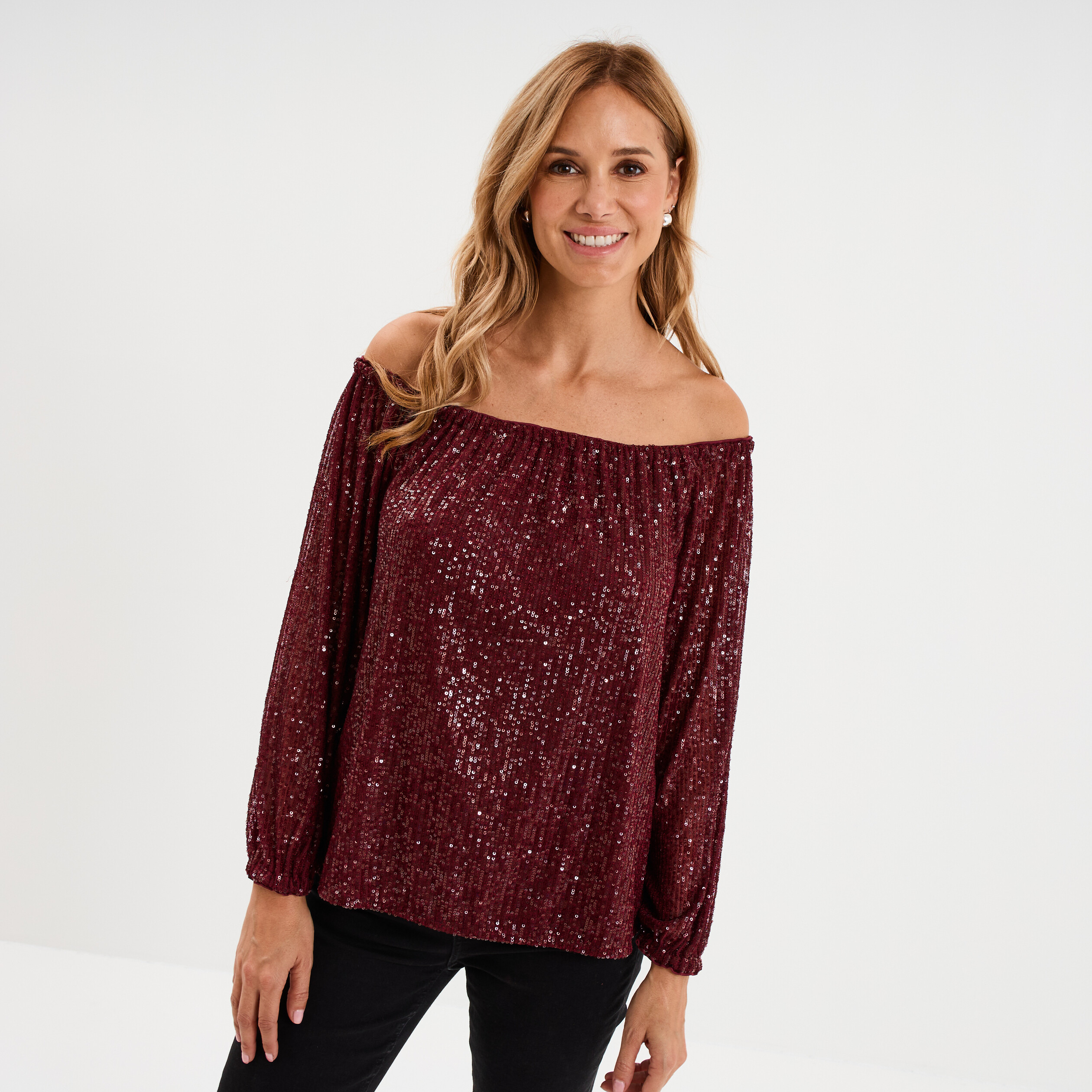 T-shirt sequins et col bardot rouge fonc&eacute; femme