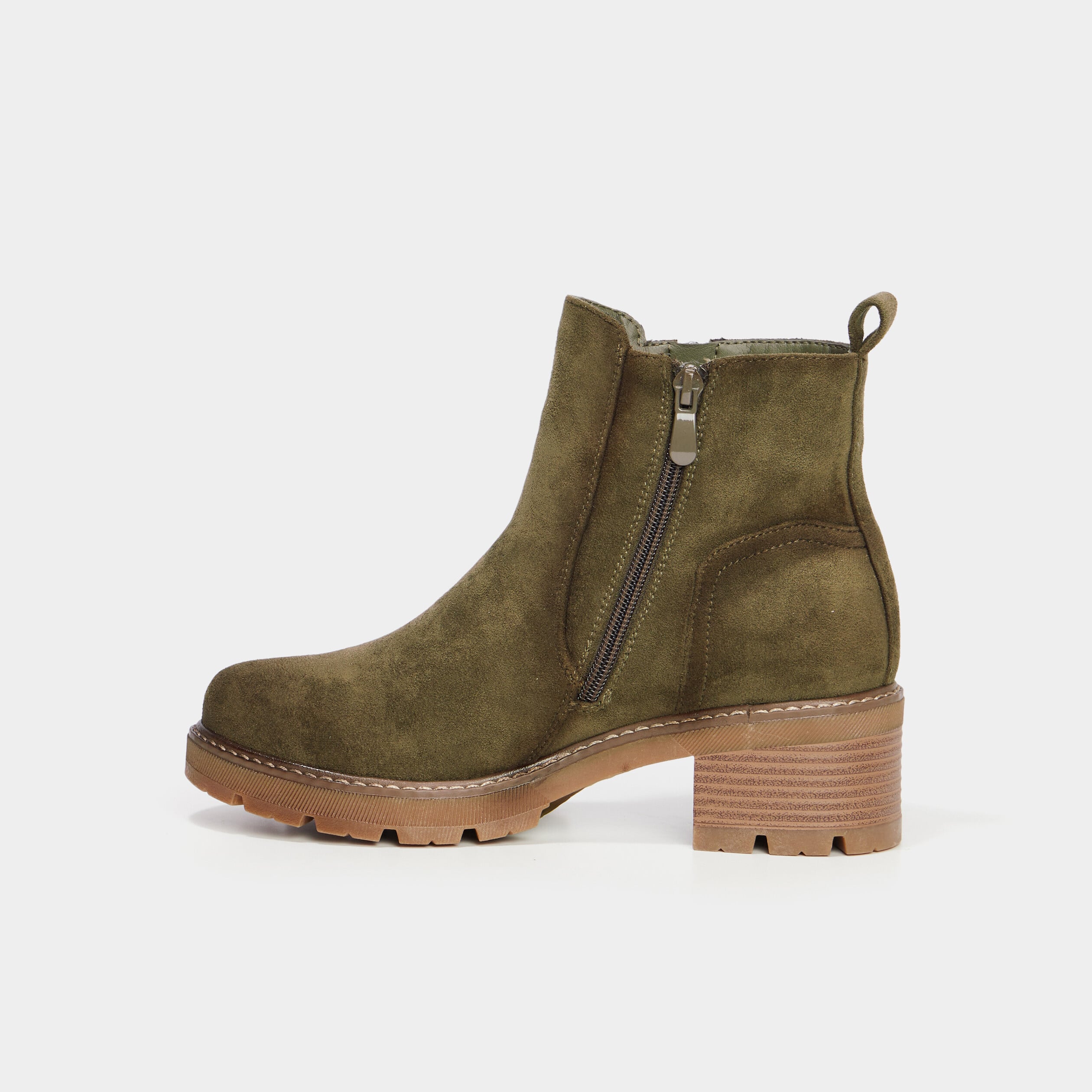 Bottines &agrave; talons effet daim zipp&eacute;es vert kaki femme