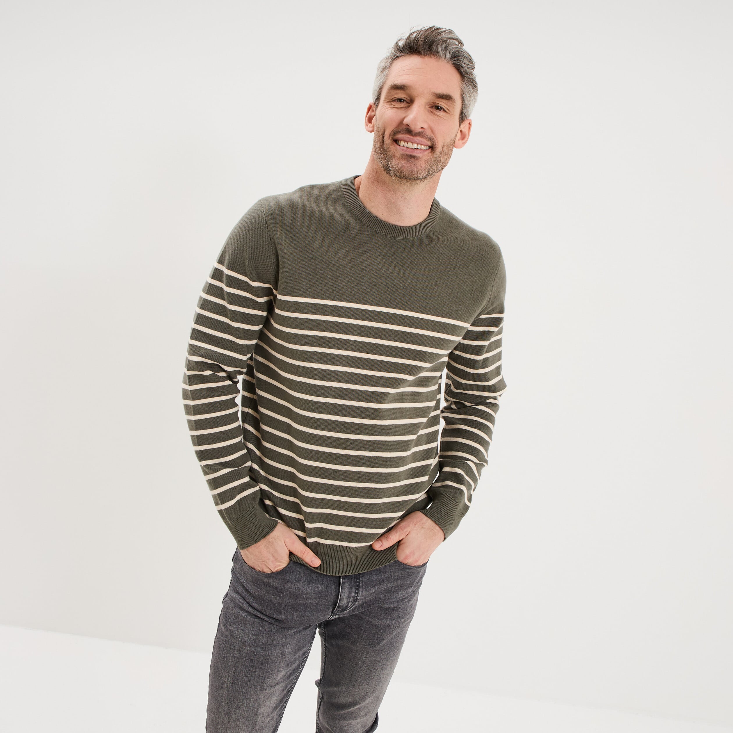 Pull col rond manches longues vert kaki homme