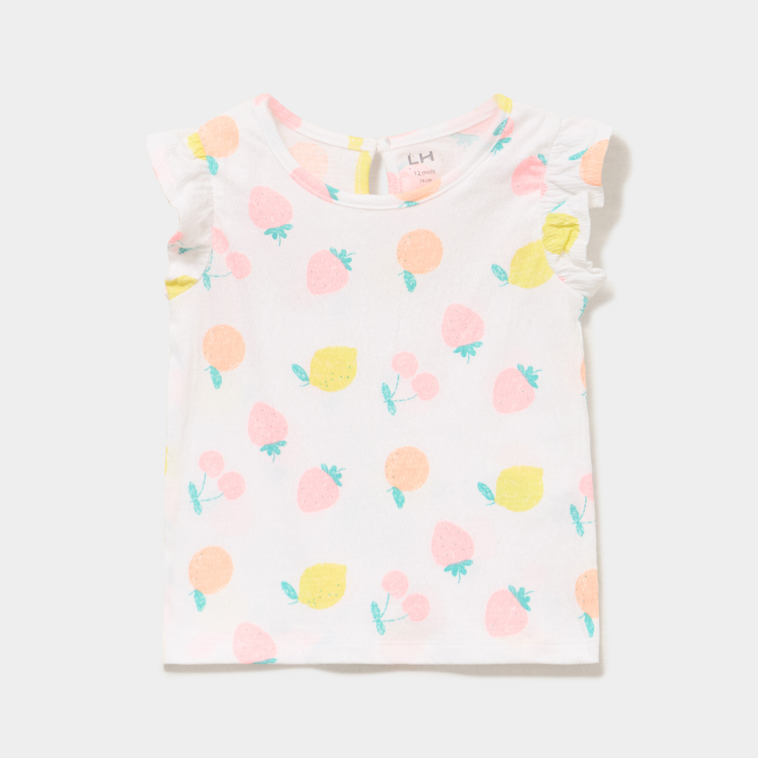 T-shirt relief&eacute; manches volants coton blanc b&eacute;b&eacute; fille