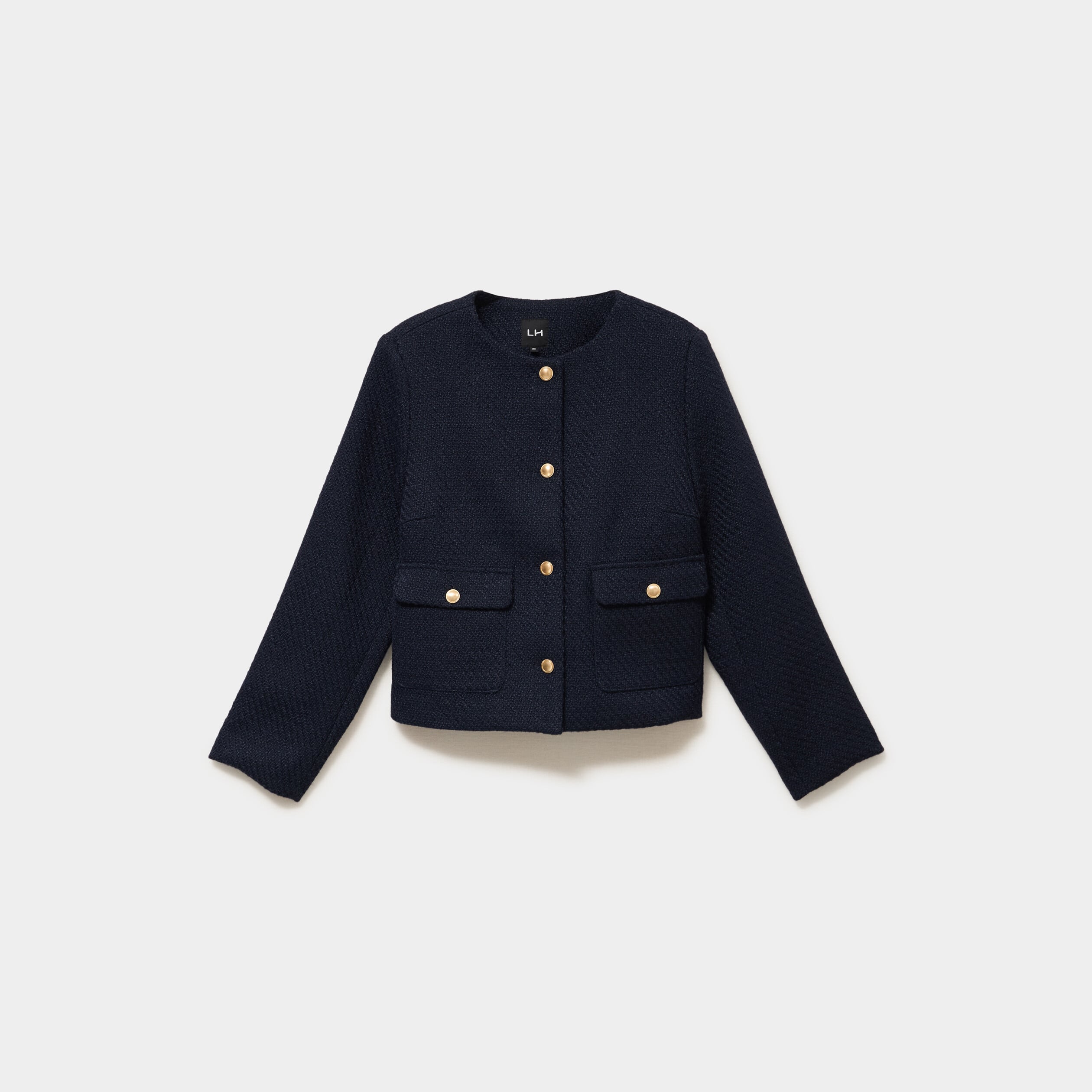 Veste effet tweed boutonn&eacute;e bleu fonc&eacute; femme