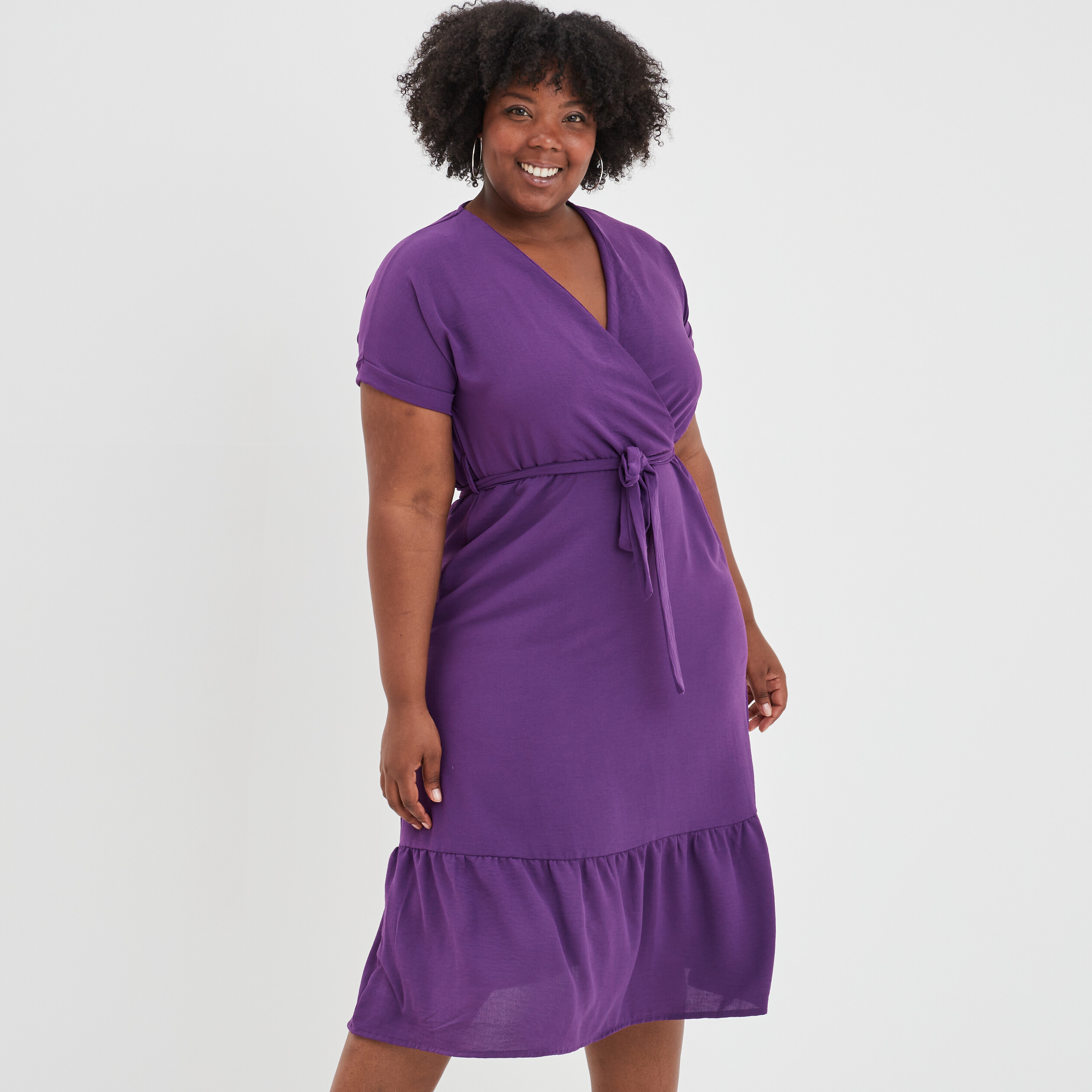 Robe cache-coeur évasée ceinturée violet femme