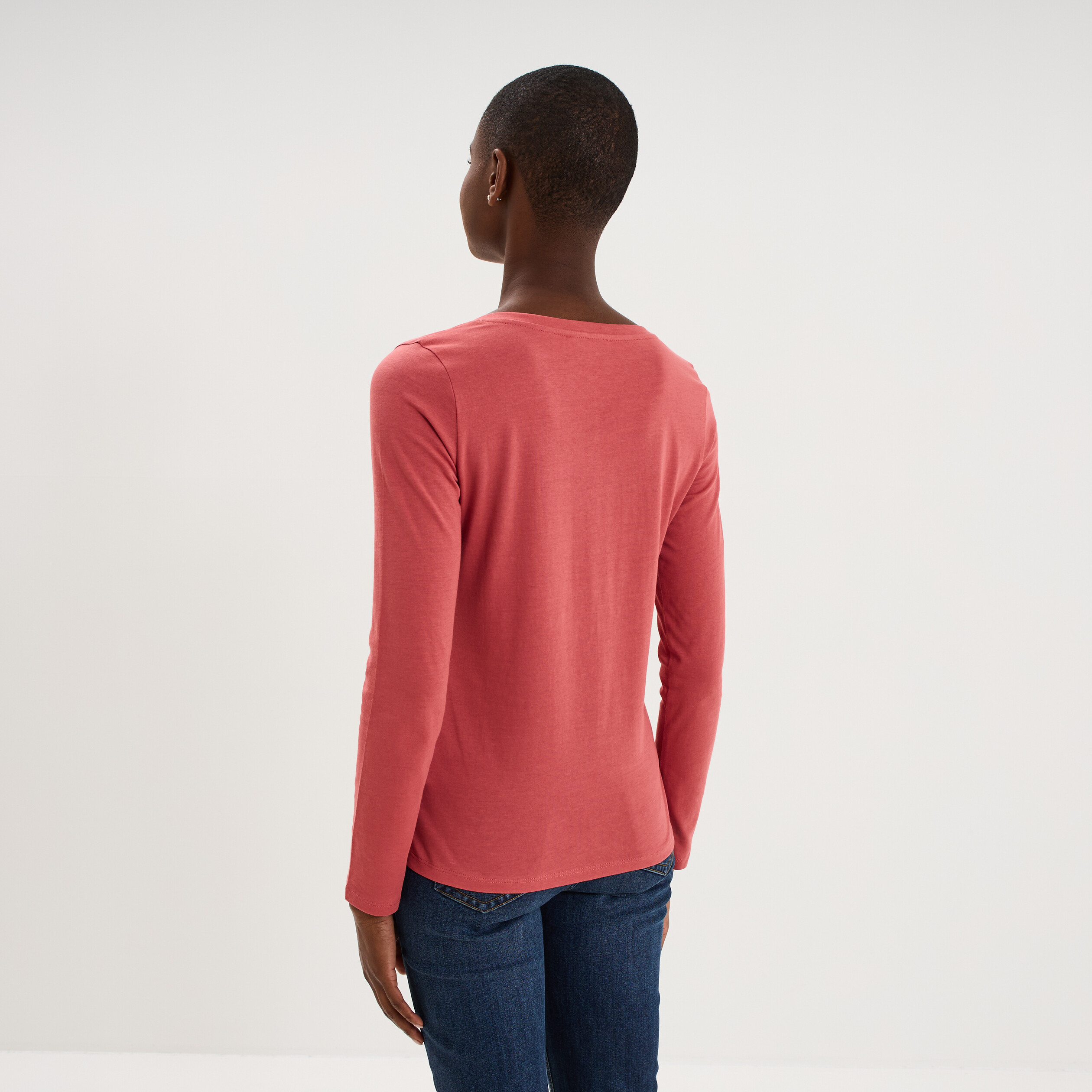 T-shirt col en V manches longues coton vieux rose femme