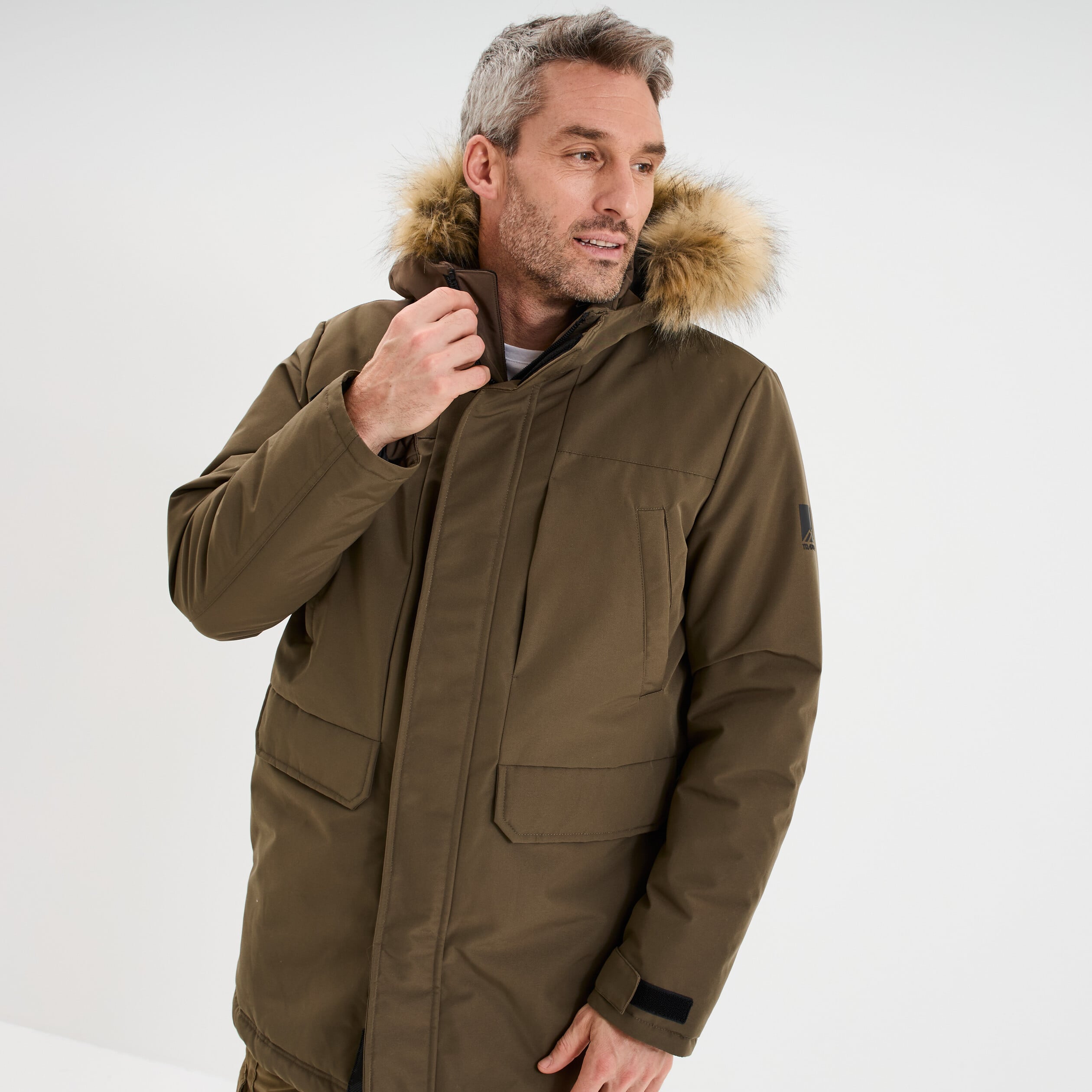 Parka &agrave; capuche fausse fourrure vert kaki homme