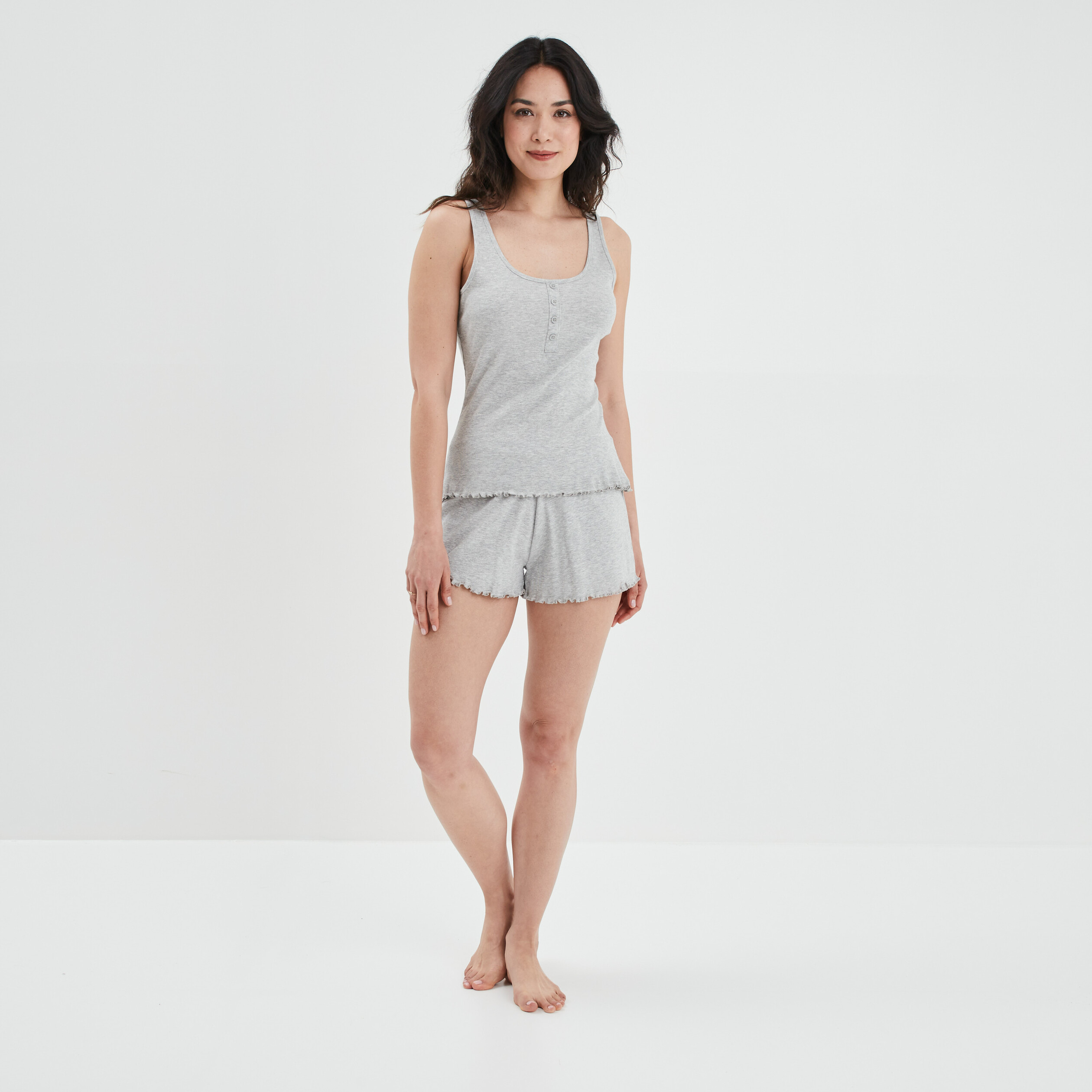 Haut de pyjama d&eacute;bardeur effet c&ocirc;tel&eacute; gris femme
