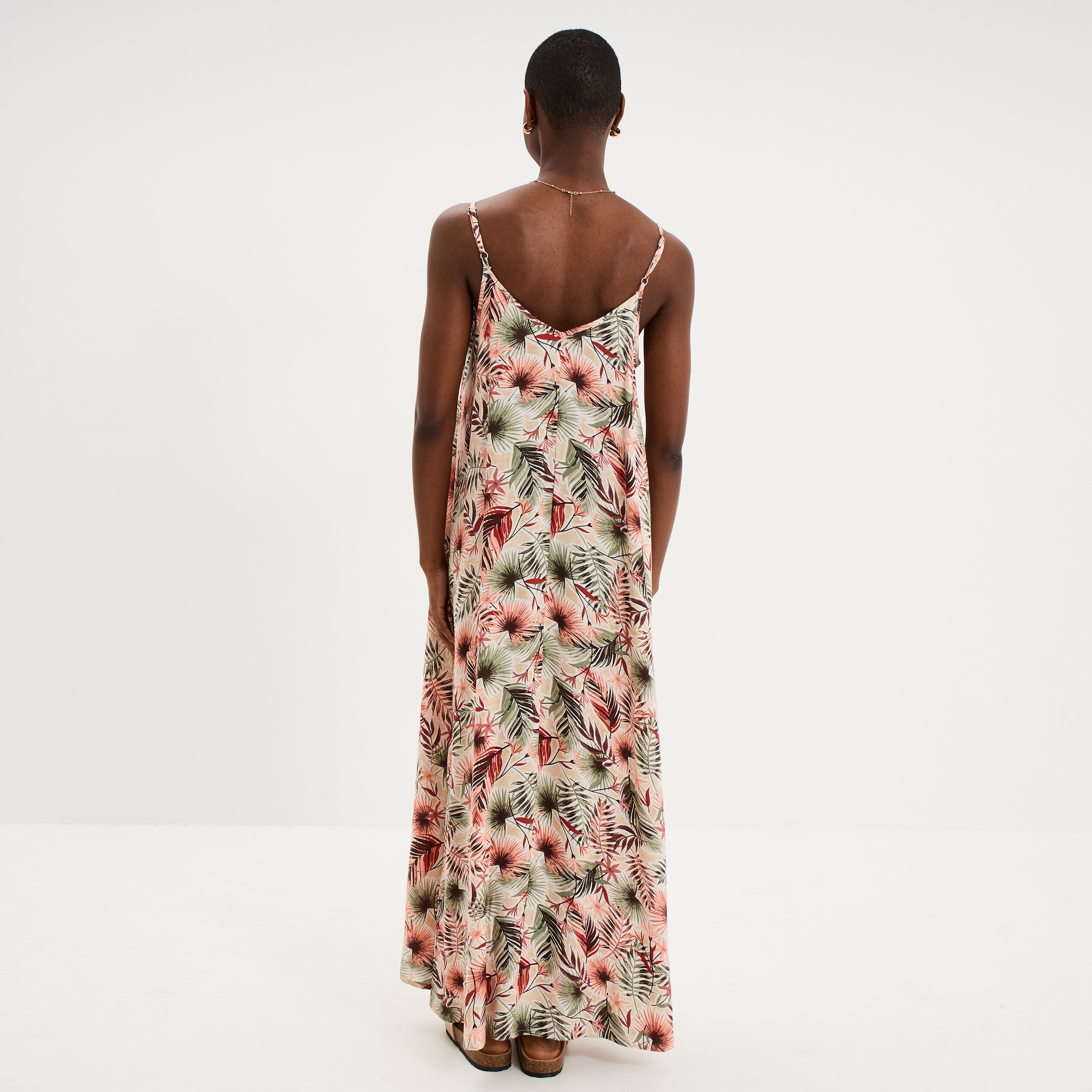 Robe longue droite fluide &agrave; bretelles vert kaki femme