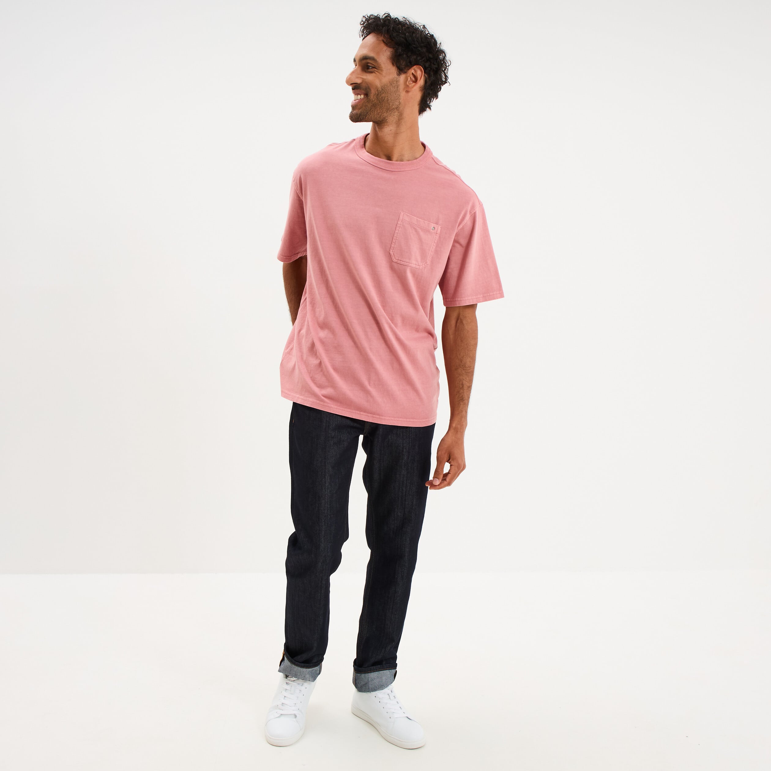 T-shirt droit col rond 1 poche coton vieux rose homme