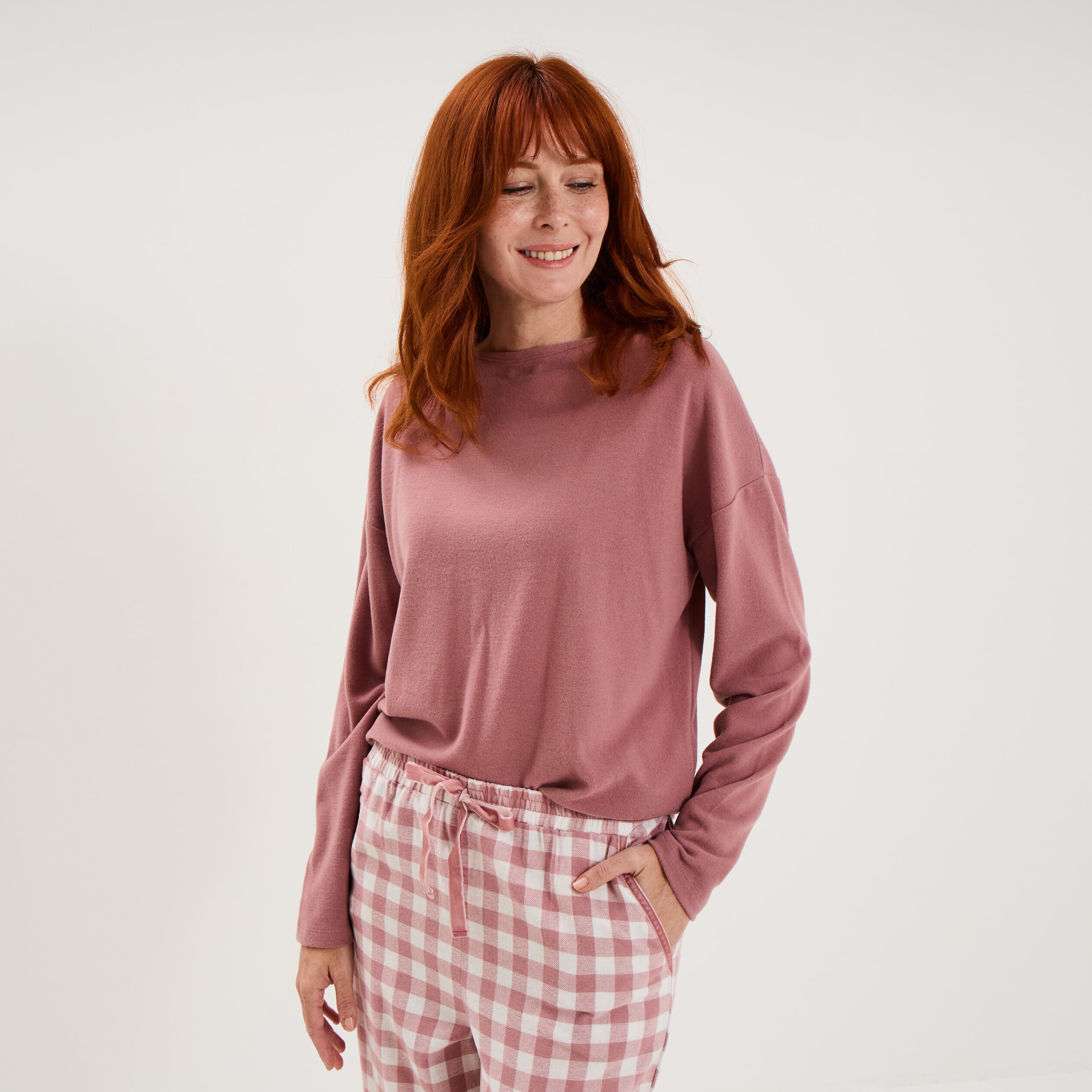 Pyjama pantalon manches longues rose nude femme