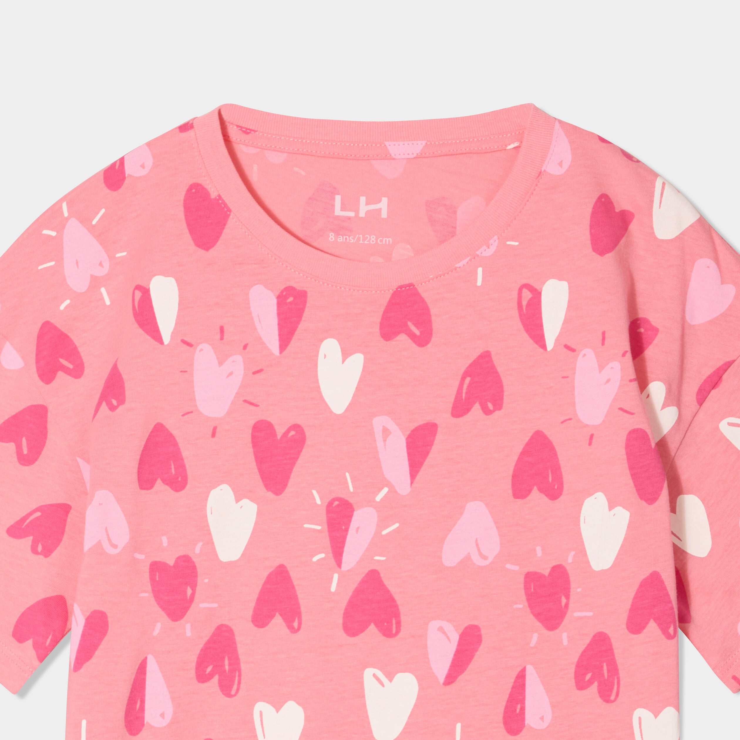 T-shirt col rond manches courtes coton rose fille