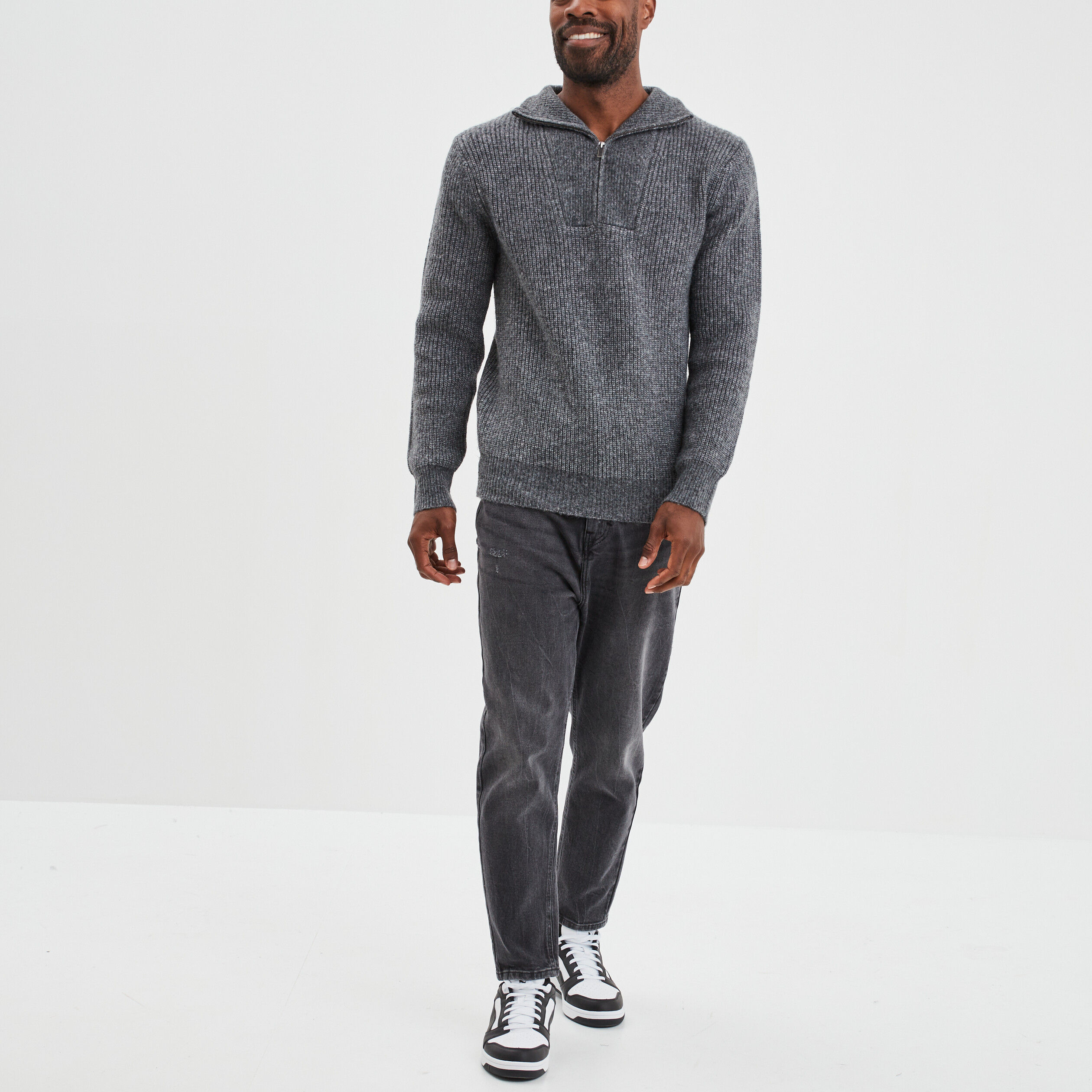 Pull avec col camionneur côtelé gris foncé homme