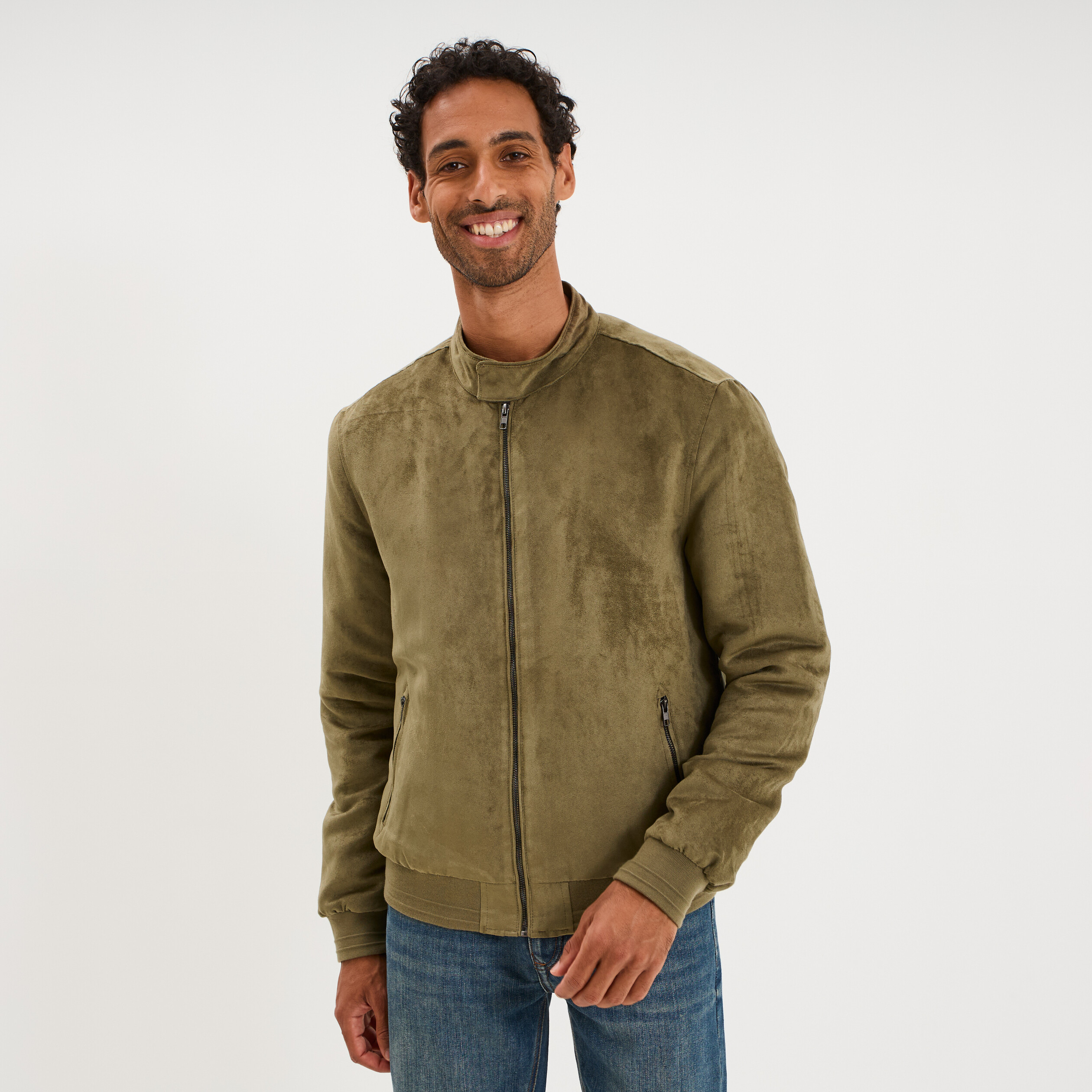 Blouson col biker en su&eacute;dine zipp&eacute; vert kaki homme