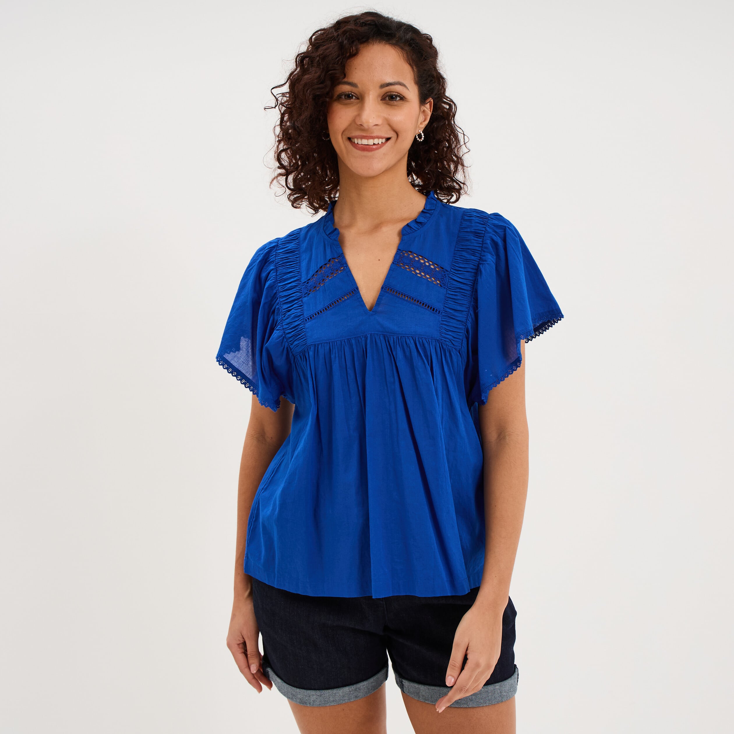 Blouse fluide l&eacute;g&egrave;re avec volants coton bleu electrique femme
