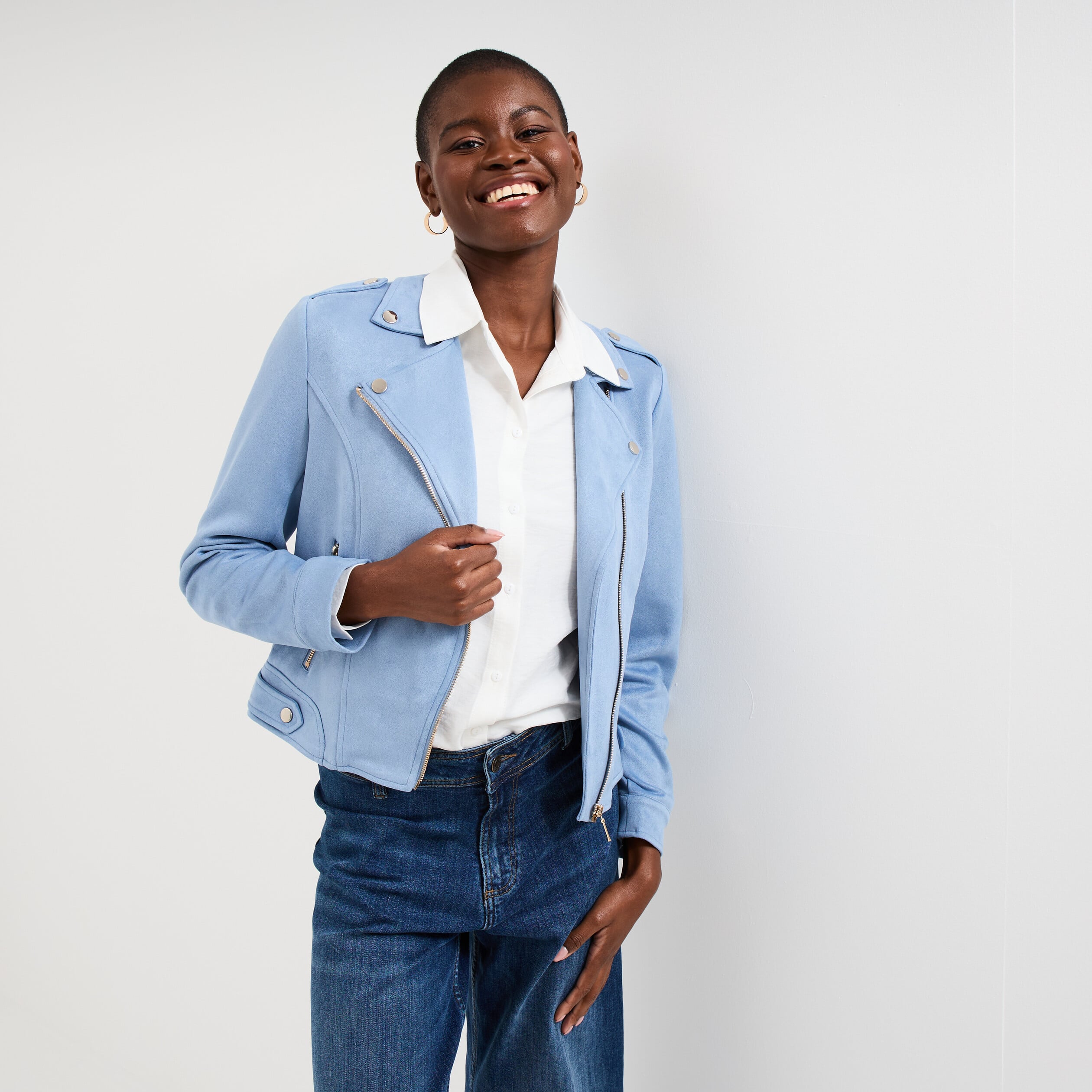 Veste courte esprit biker effet su&eacute;dine bleu gris femme