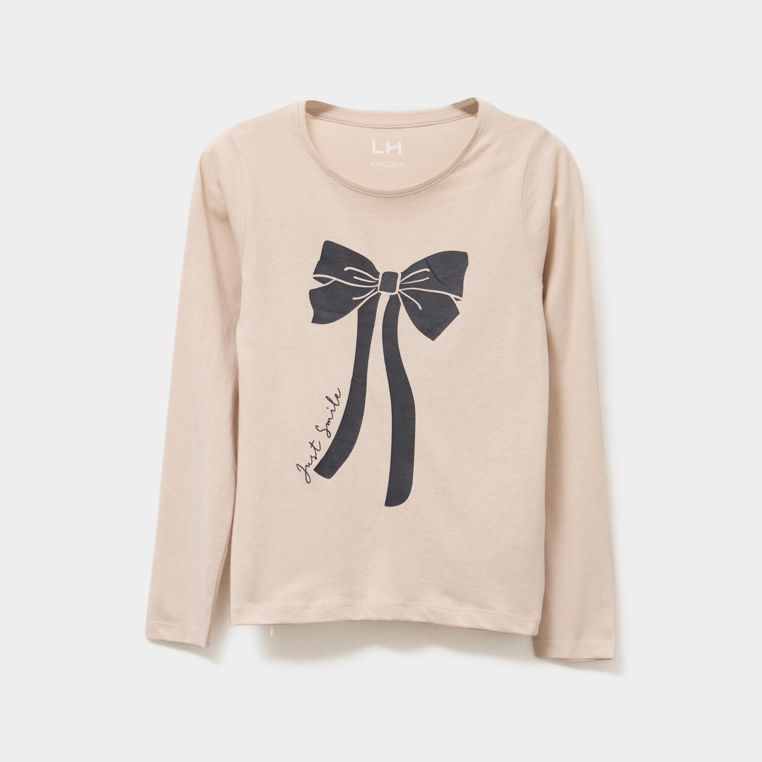 T-shirt col rond manches longues coton beige fille