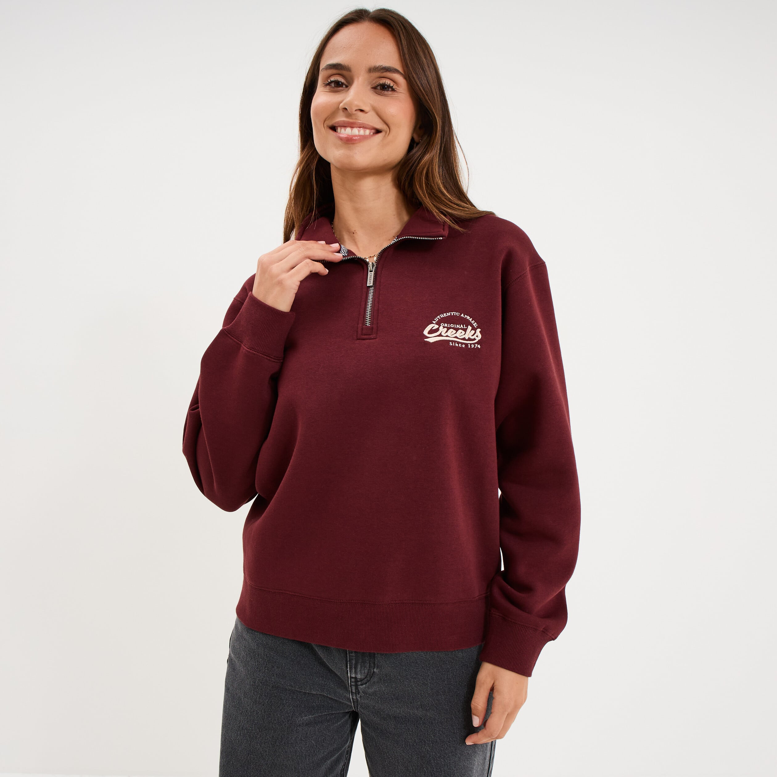 Sweat col camionneur zipp&eacute; violet fonc&eacute; femme