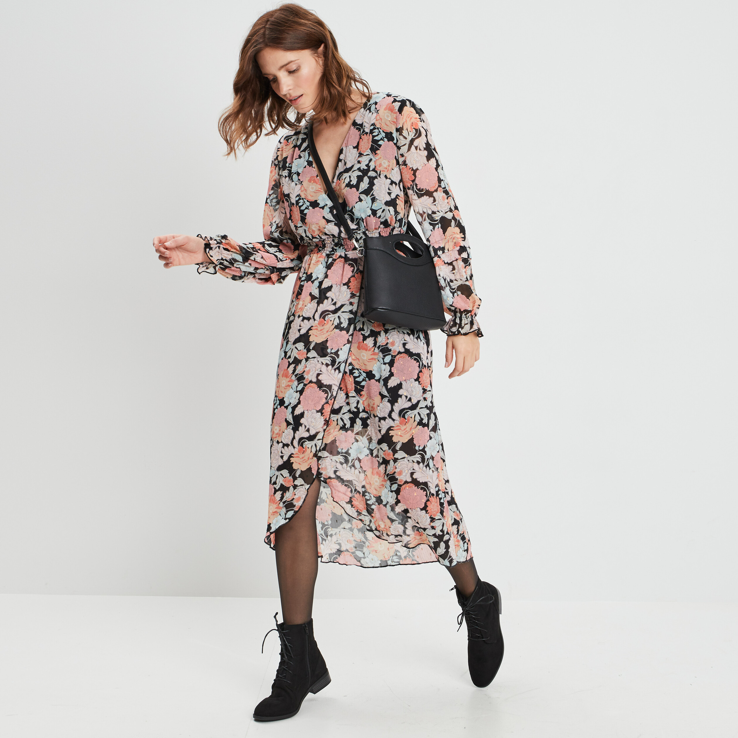 Robe longue fluide col cache-coeur noir femme