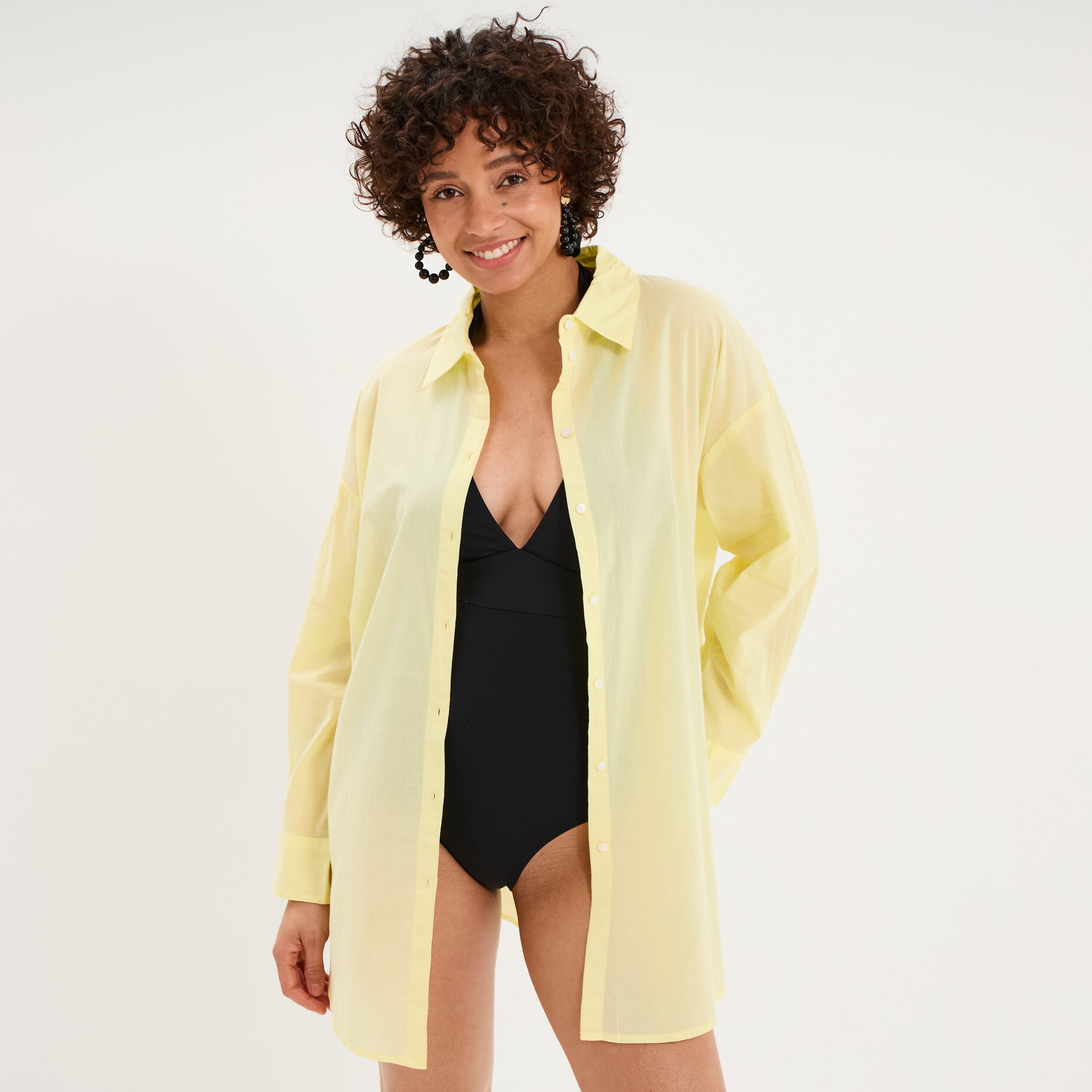 Robe chemise de plage voile de coton jaune femme