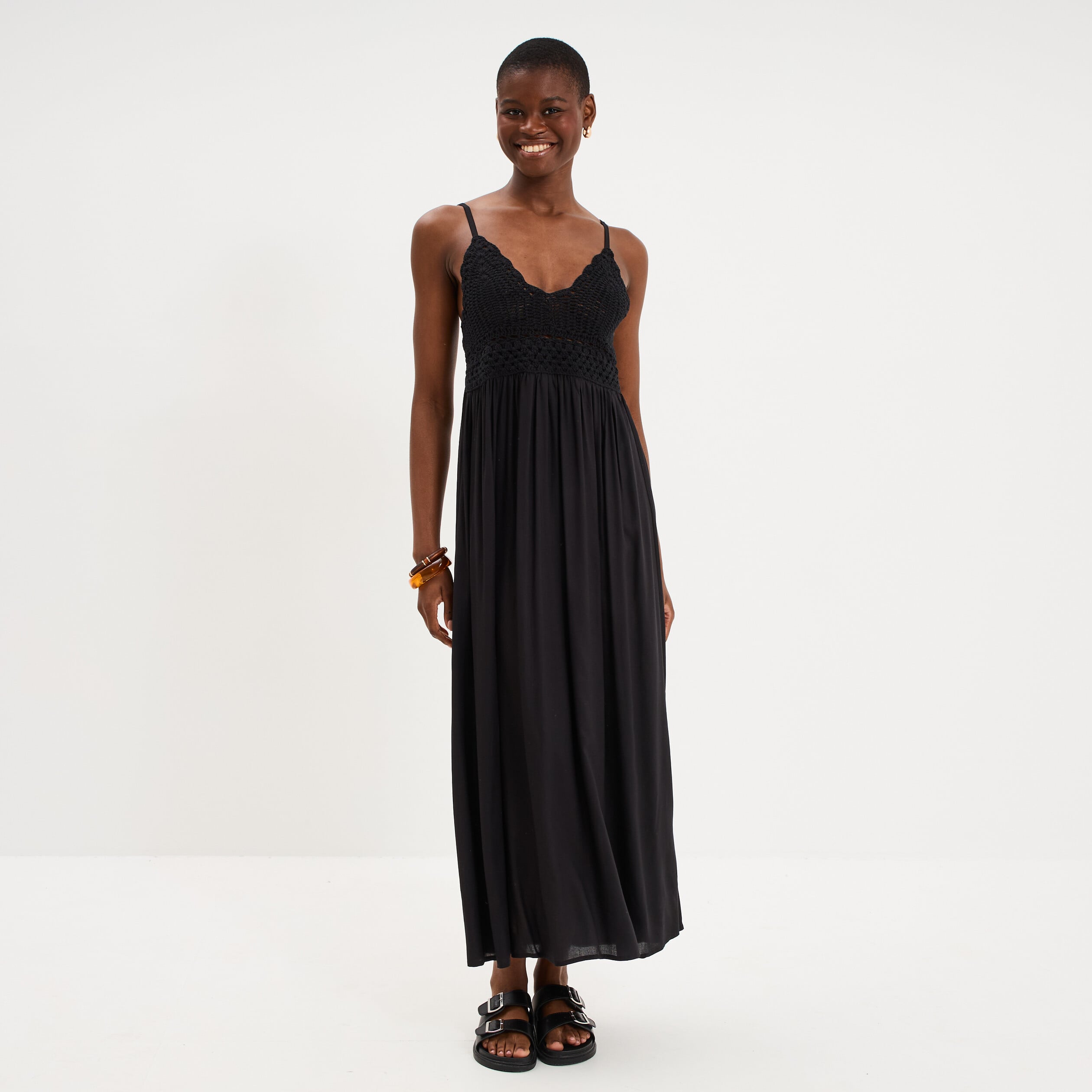 Robe longue buste effet crochet noir femme