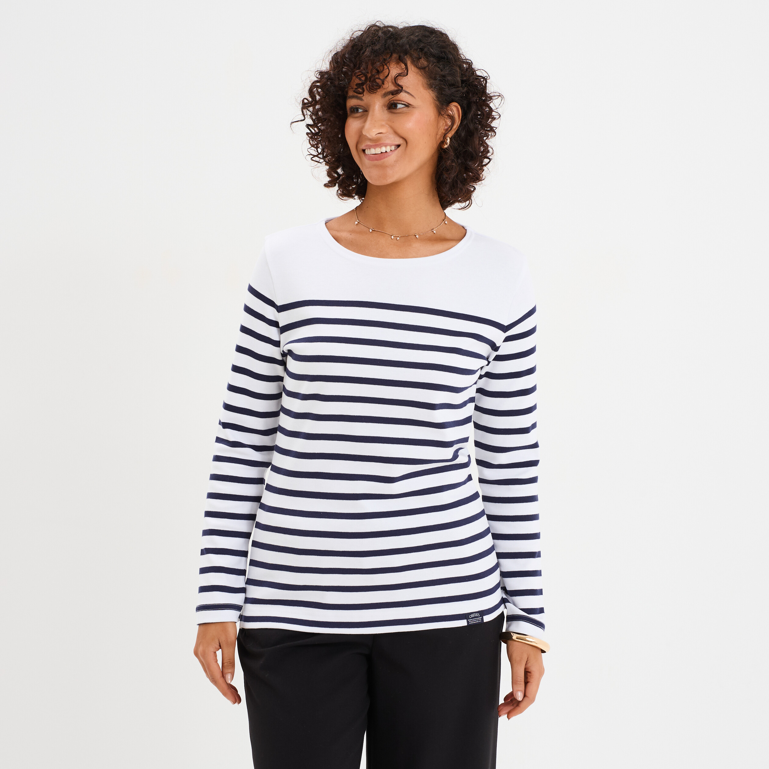 T-shirt marini&egrave;re manches longues coton blanc femme