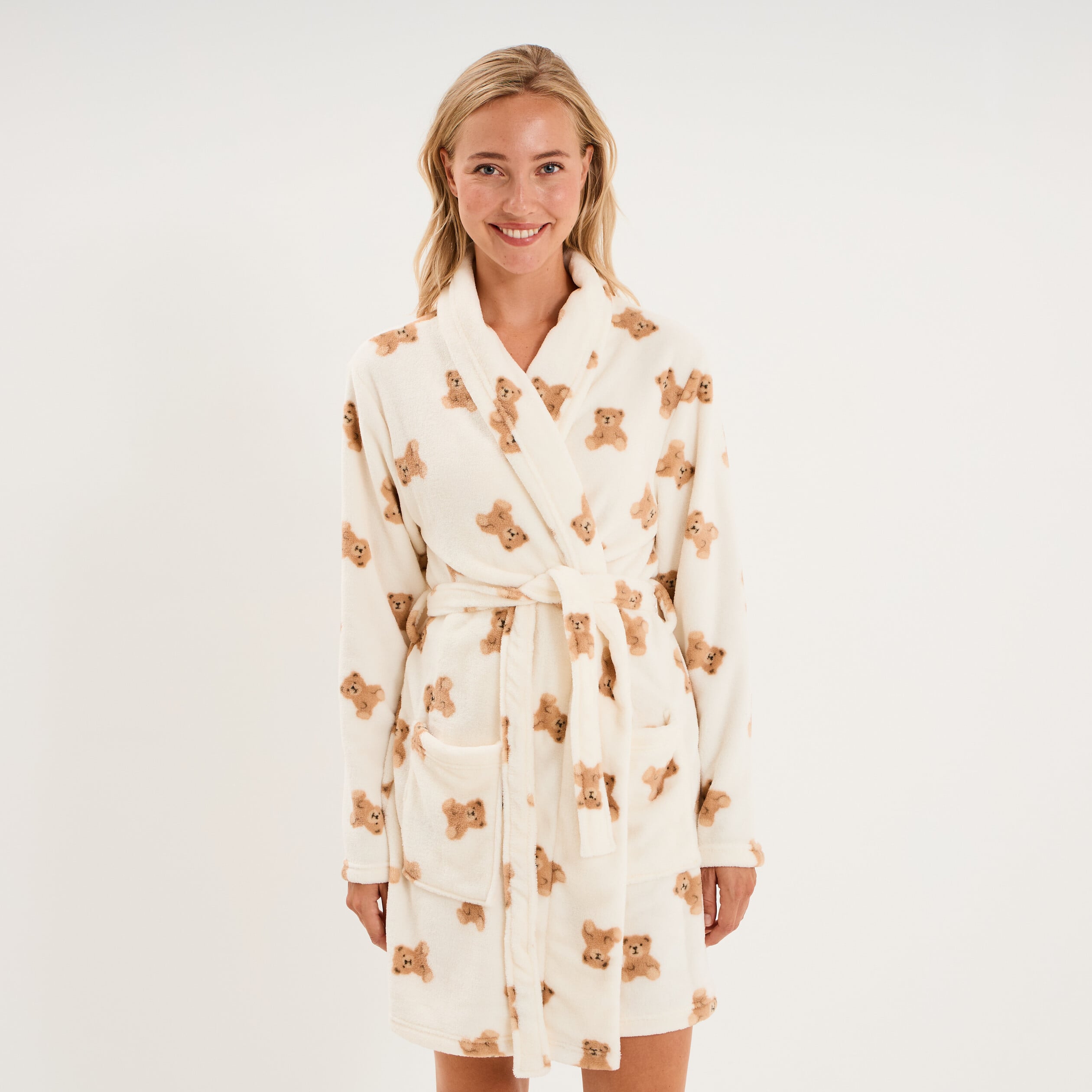Peignoir court effet velours ceintur&eacute; ecru femme