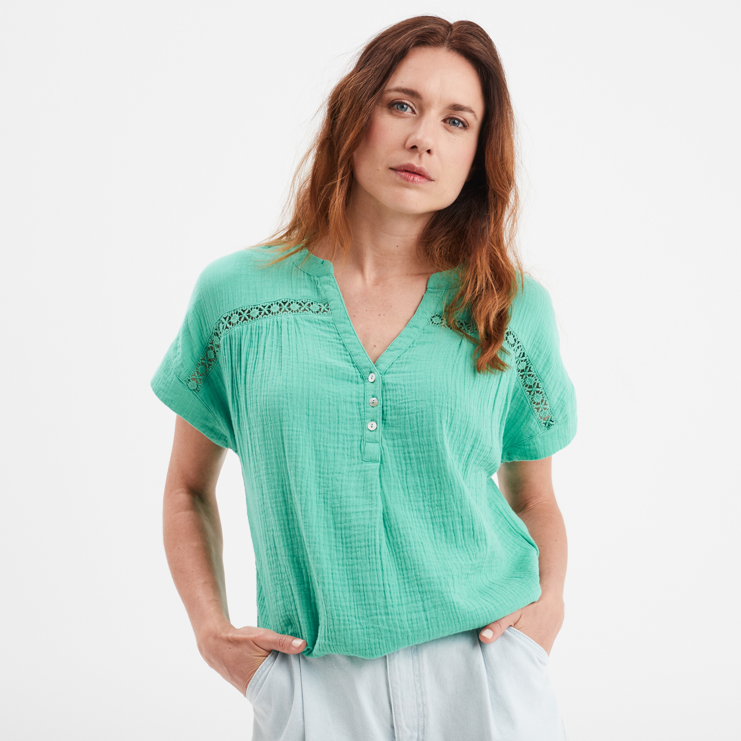 blouse manches courtes gaze de coton vert menthe femme Blouse manches courtes gaze de coton vert menthe femme