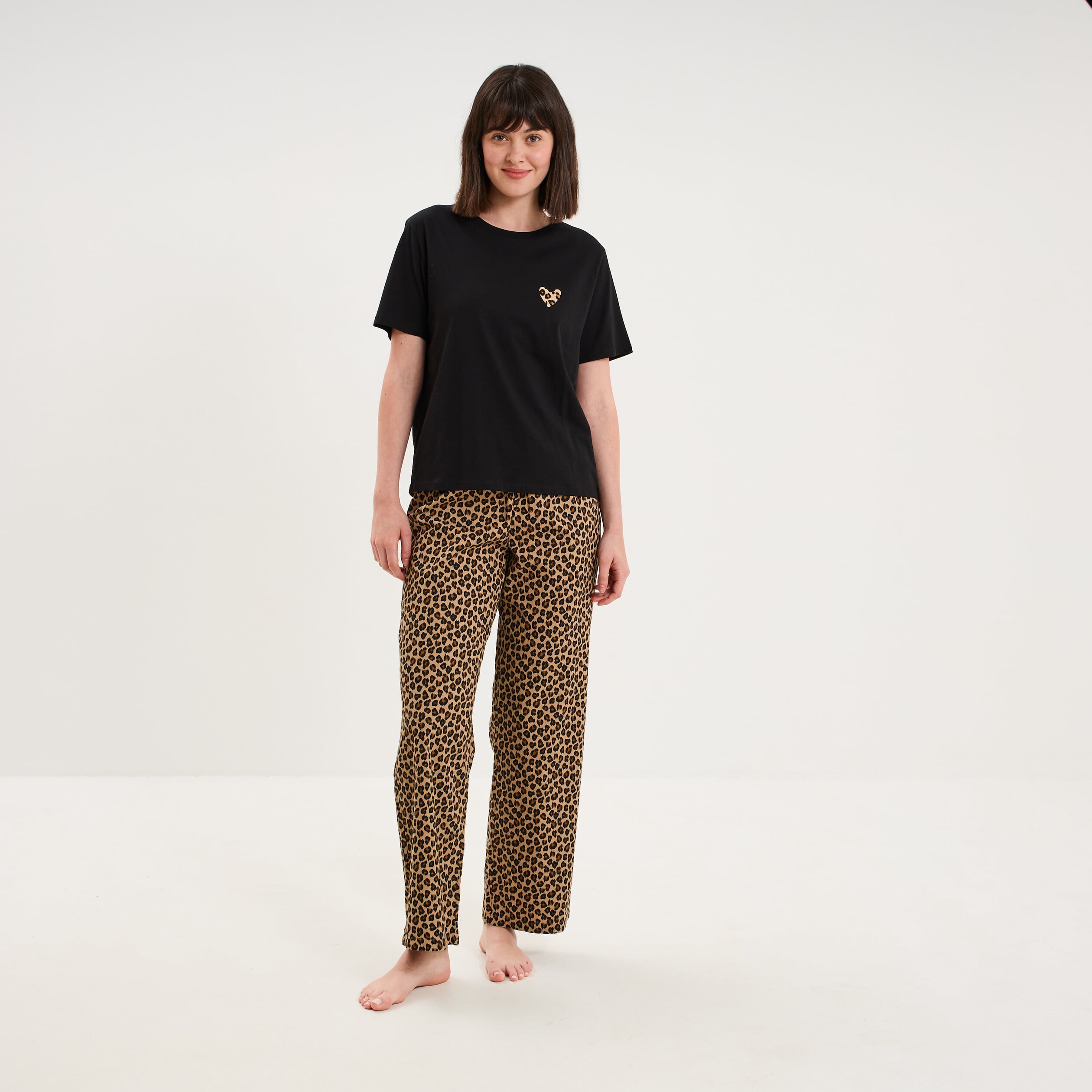 T-shirt col rond manches courtes coton noir femme
